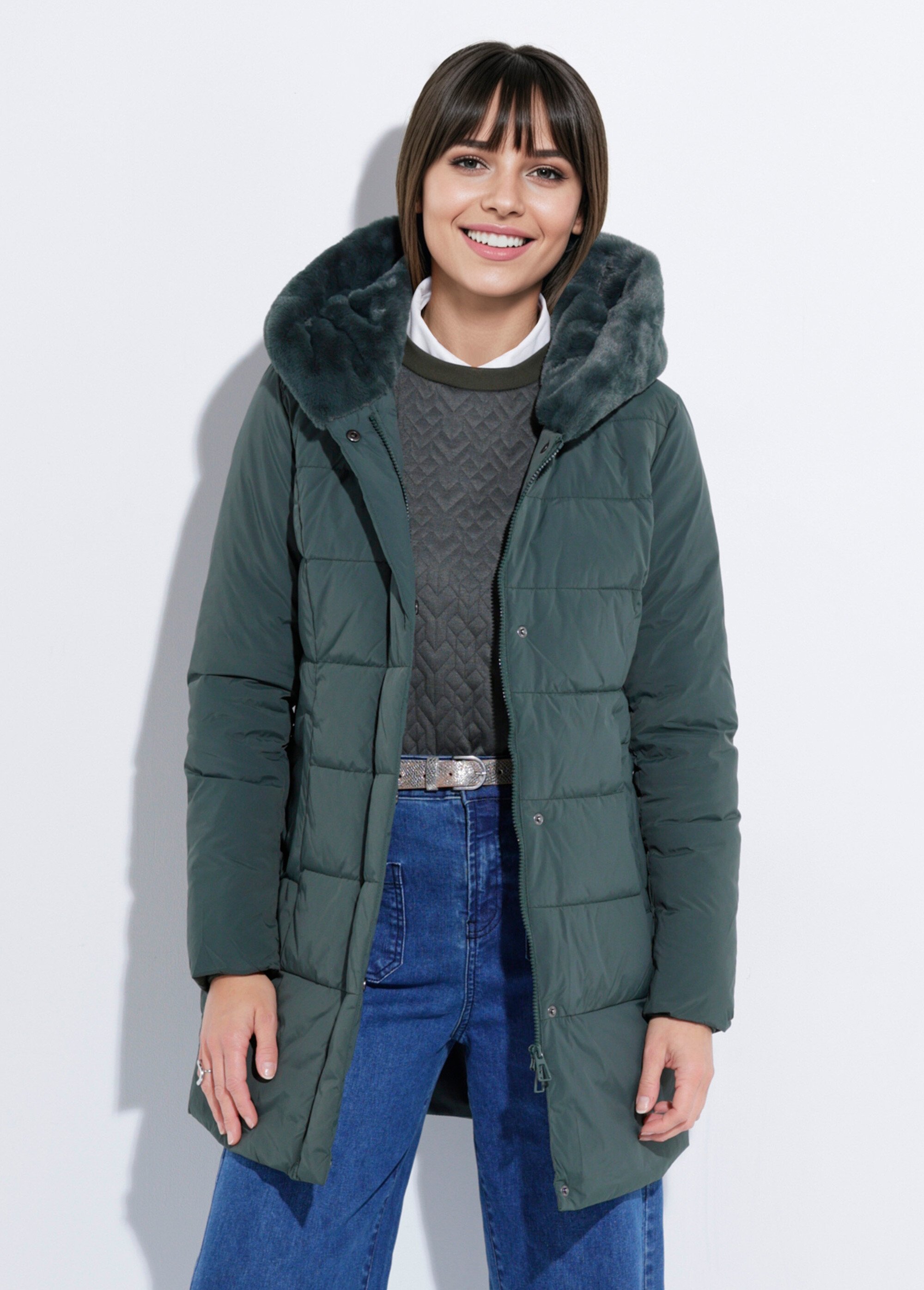 Doudoune longue avec capuche fourrure Femme Vert LJ-6072 FA1