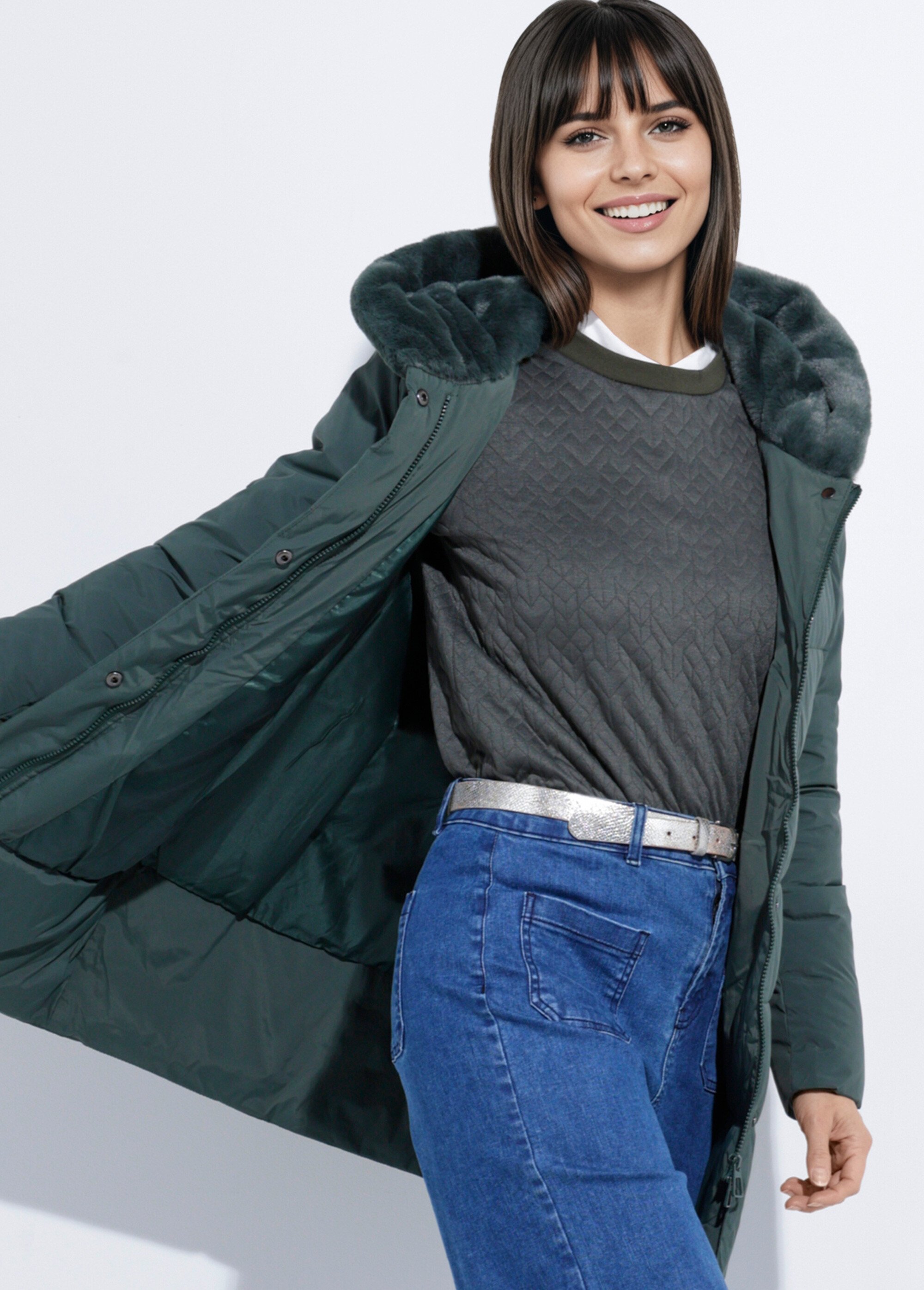 Doudoune longue avec capuche fourrure Femme Vert LJ-6072 MV1