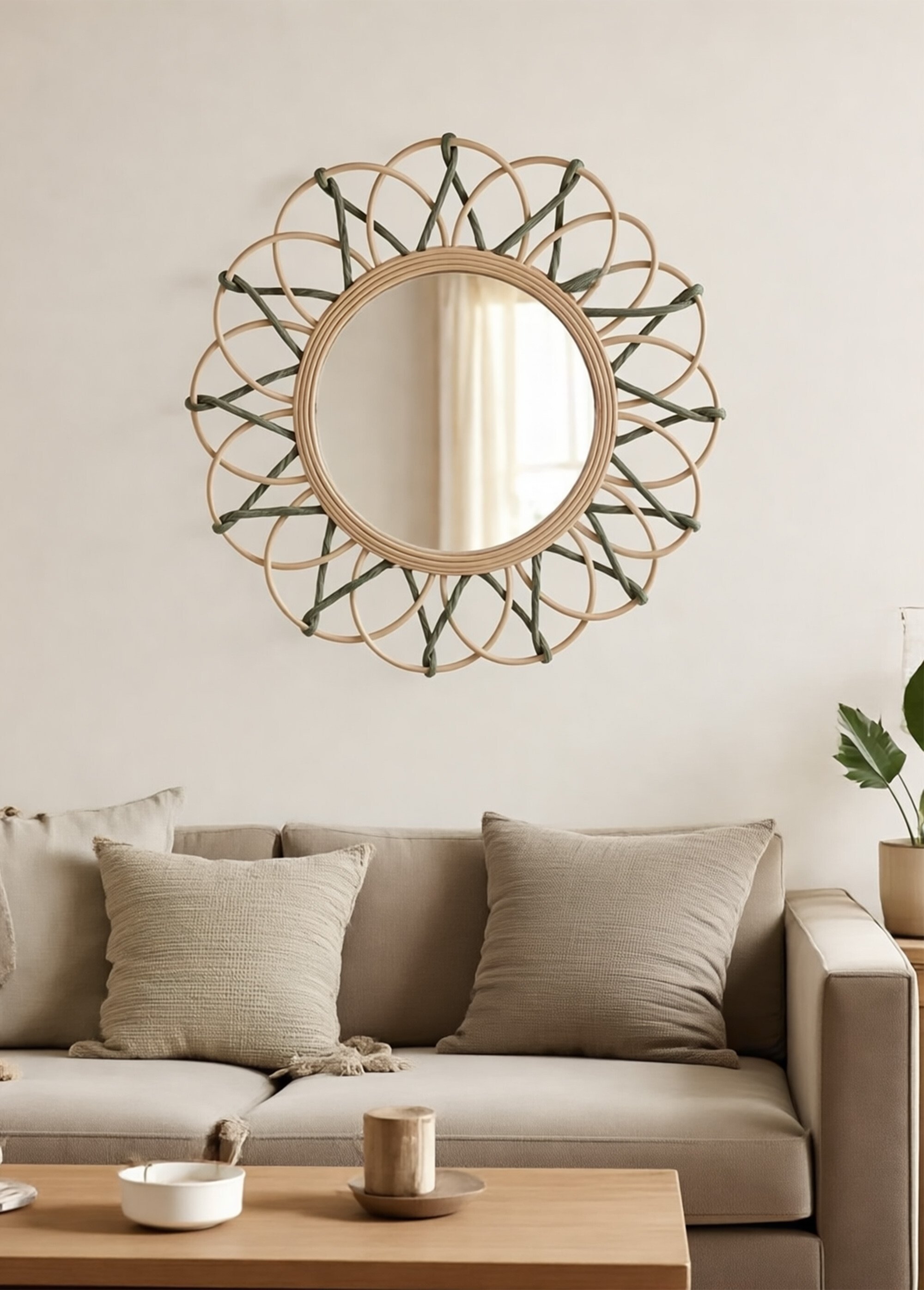 Miroir rond, décor forme fleur en rotin Blanc NOR-28430 SI1