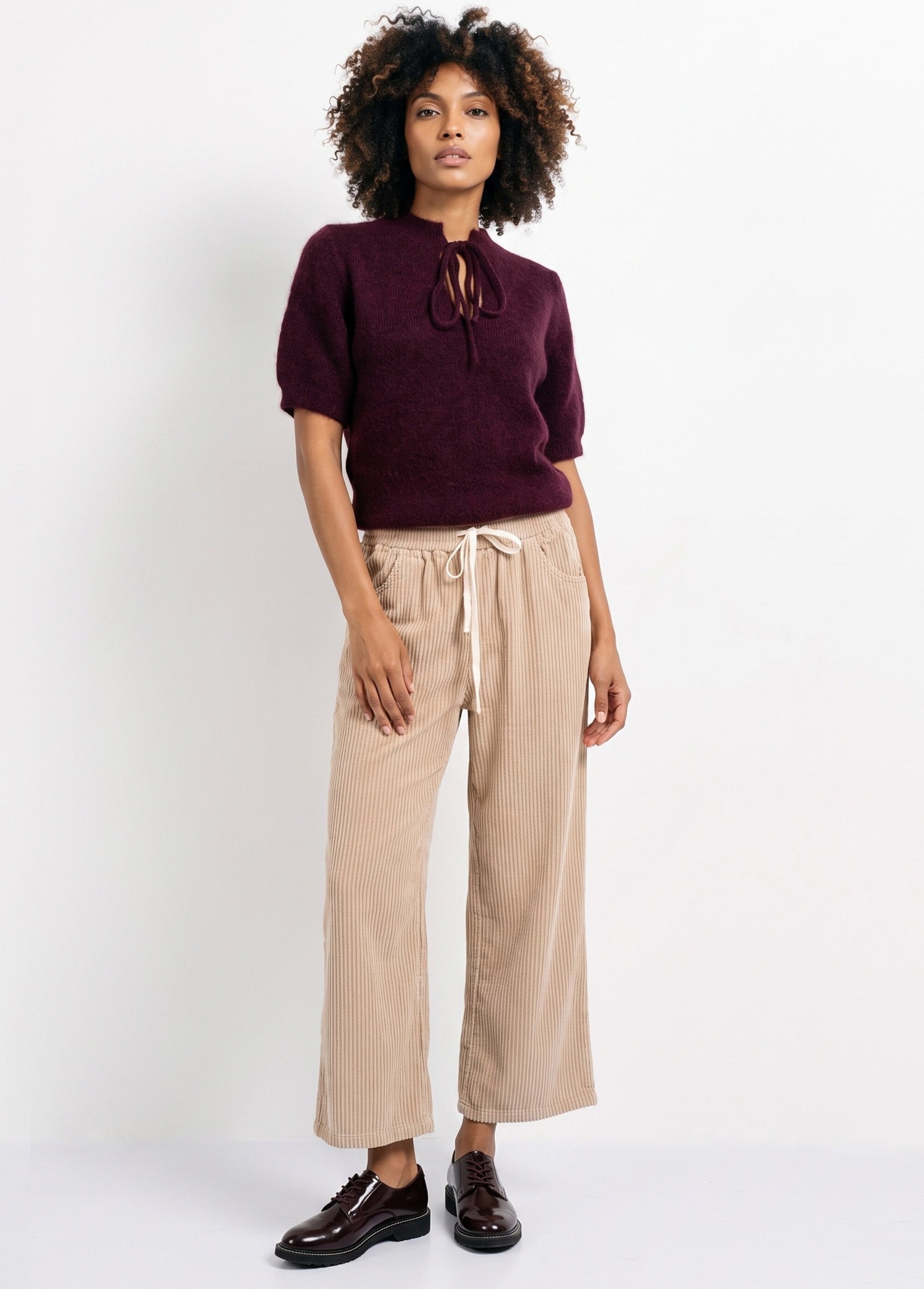 Pantalon élastique velours grosses cotes Femme Beige IA-R5920 MV1