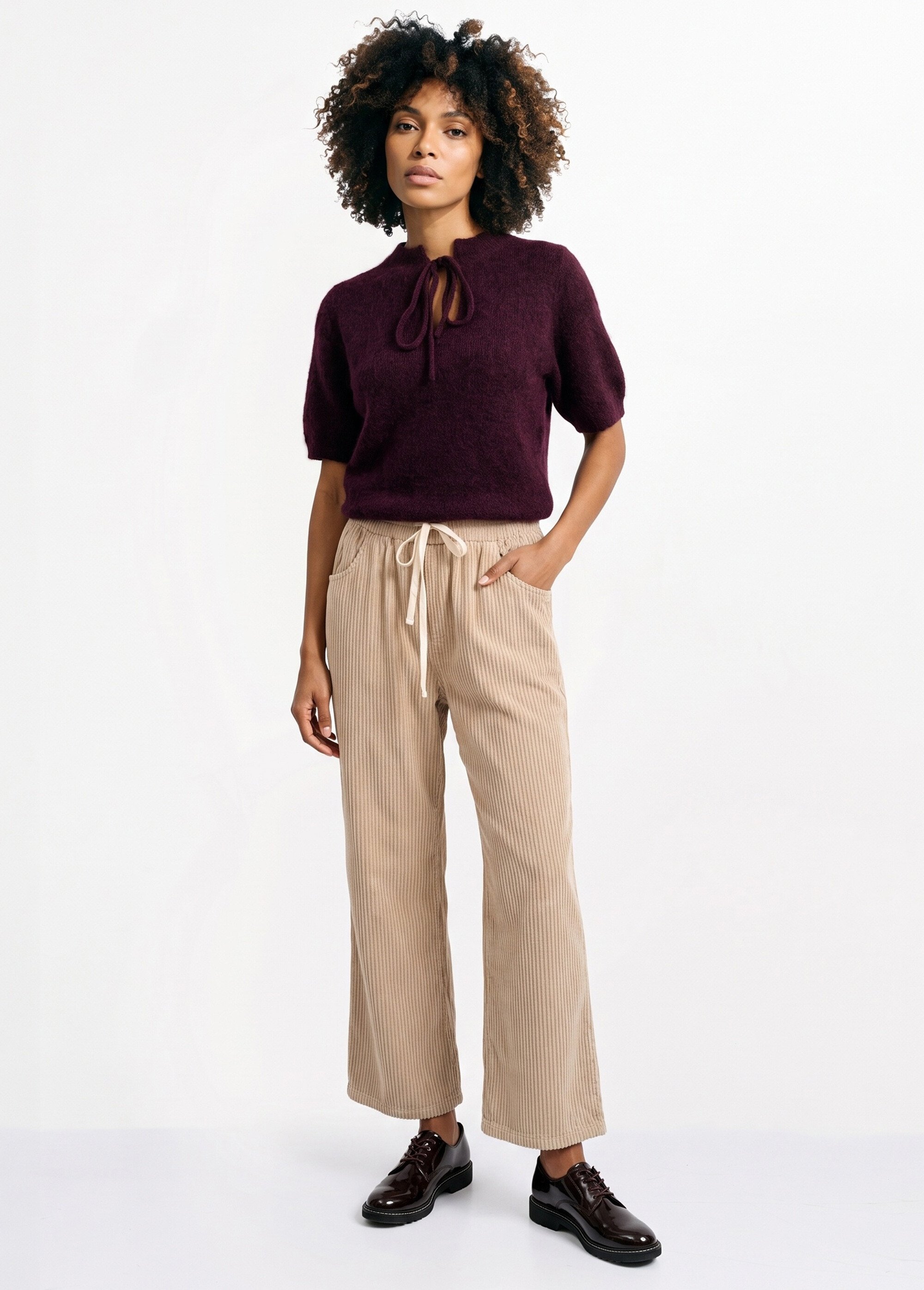 Pantalon élastique velours grosses cotes Femme Beige IA-R5920 SI1