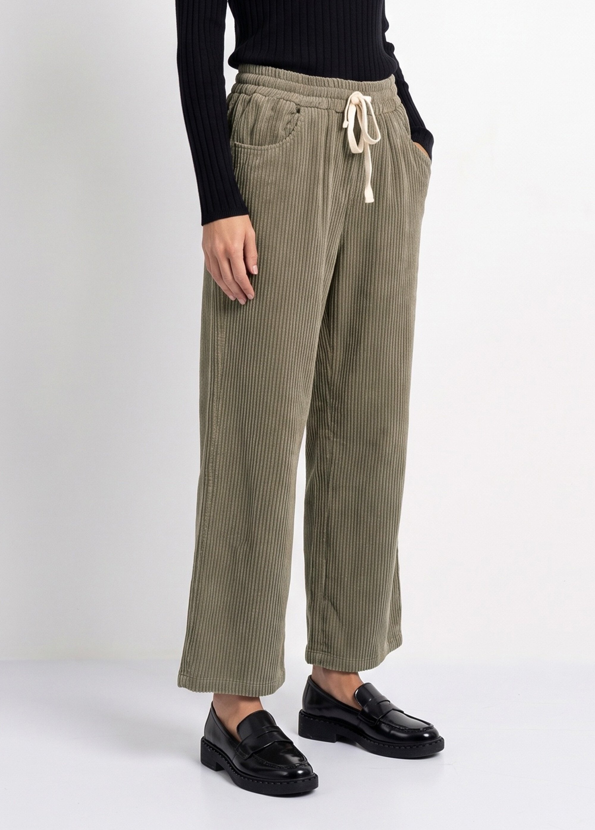 Pantalon élastique velours grosses cotes Femme Vert IA-R5920 DR1