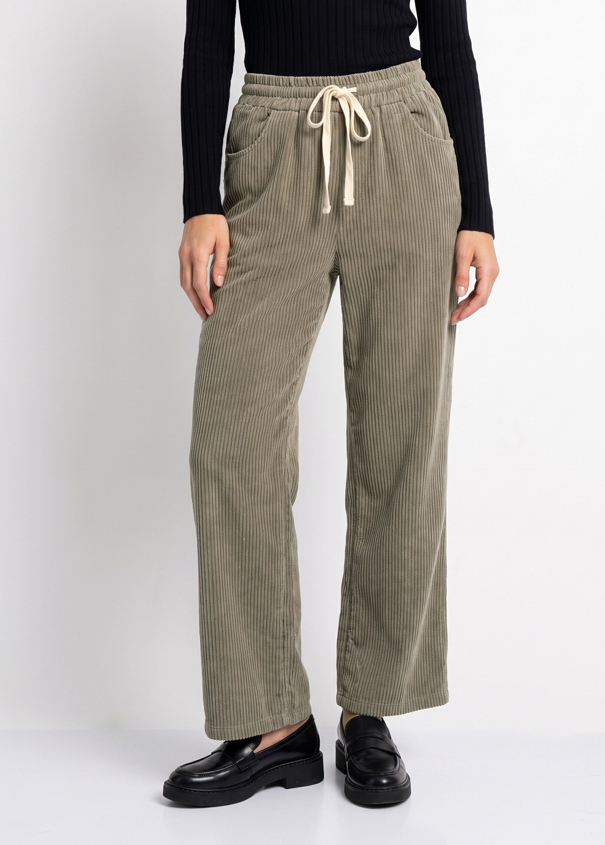 Pantalon élastique velours grosses cotes Femme Vert IA-R5920 FA1