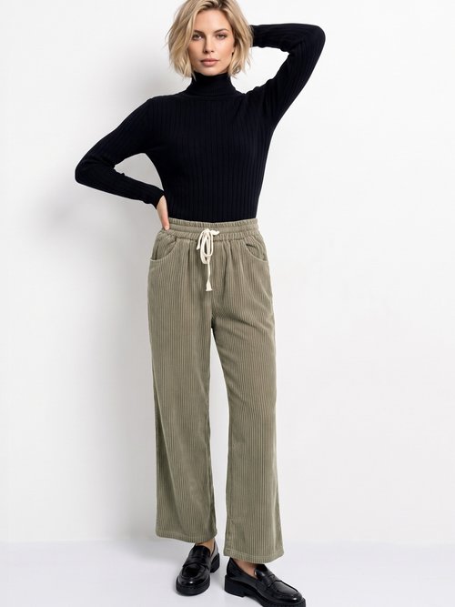 Pantalon élastique velours grosses cotes Femme Vert IA-R5920 MV1