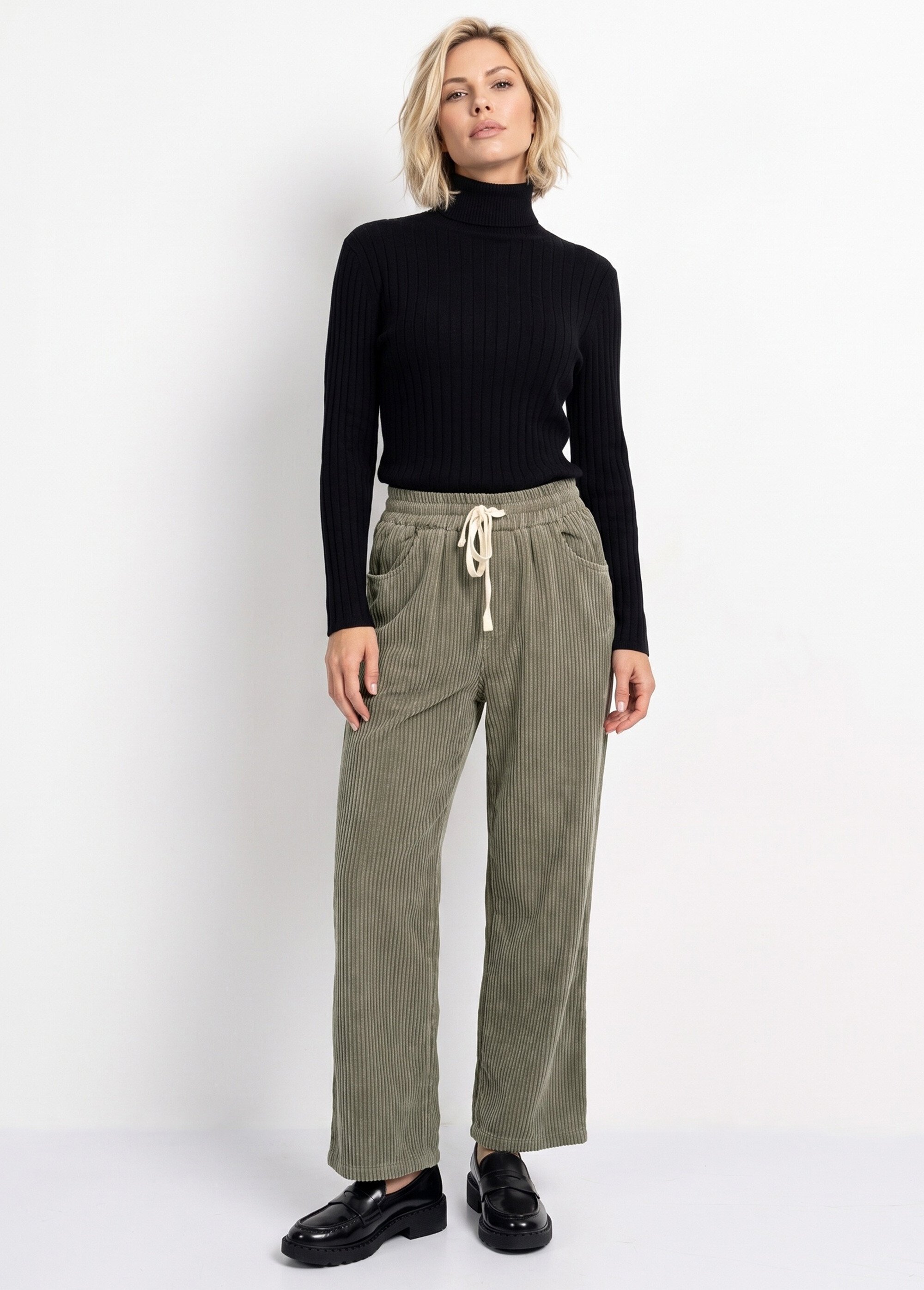 Pantalon élastique velours grosses cotes Femme Vert IA-R5920 SI1