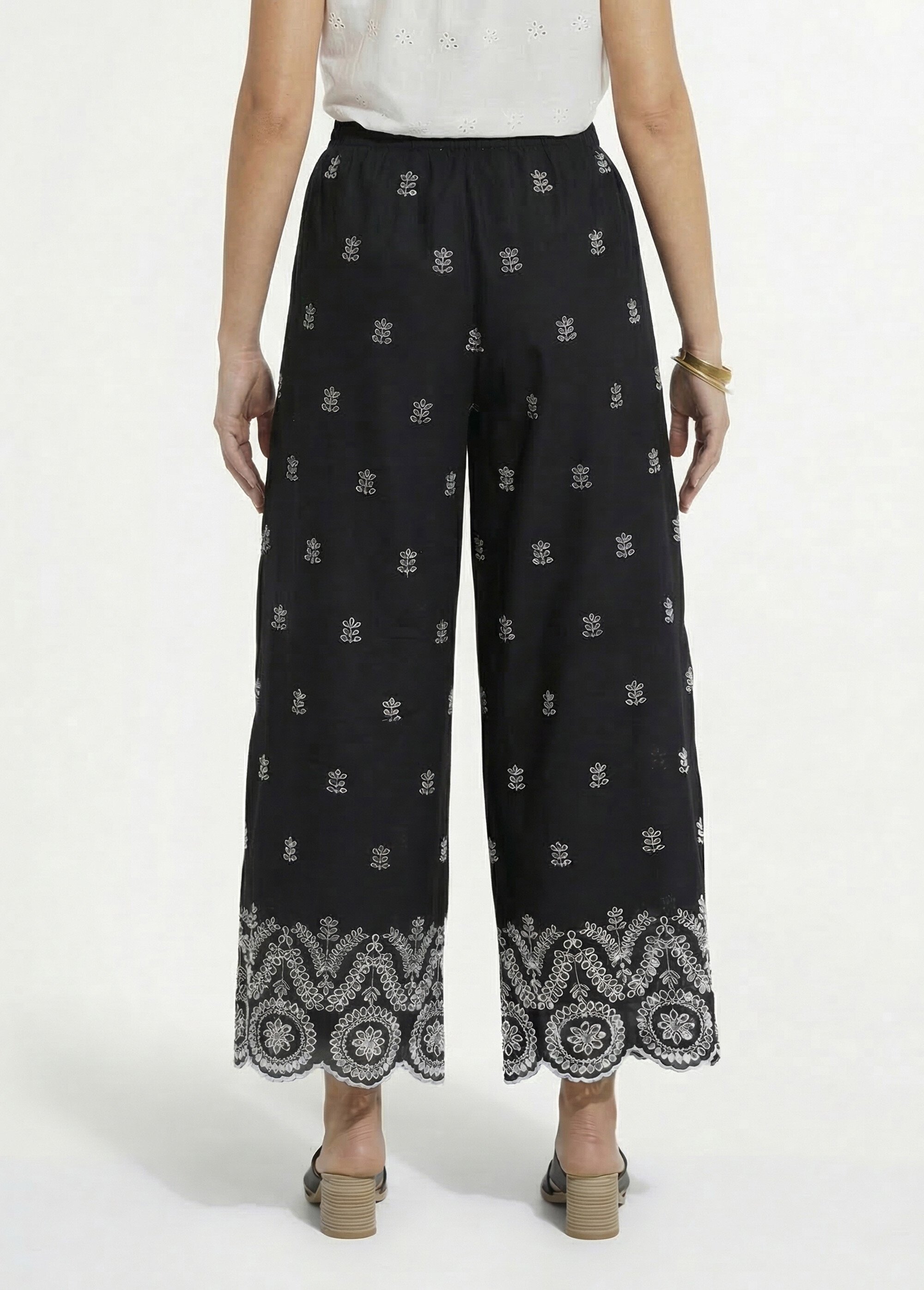 Pantalon large coton brodé taille élastiquée Femme Noir NUVANE DO1