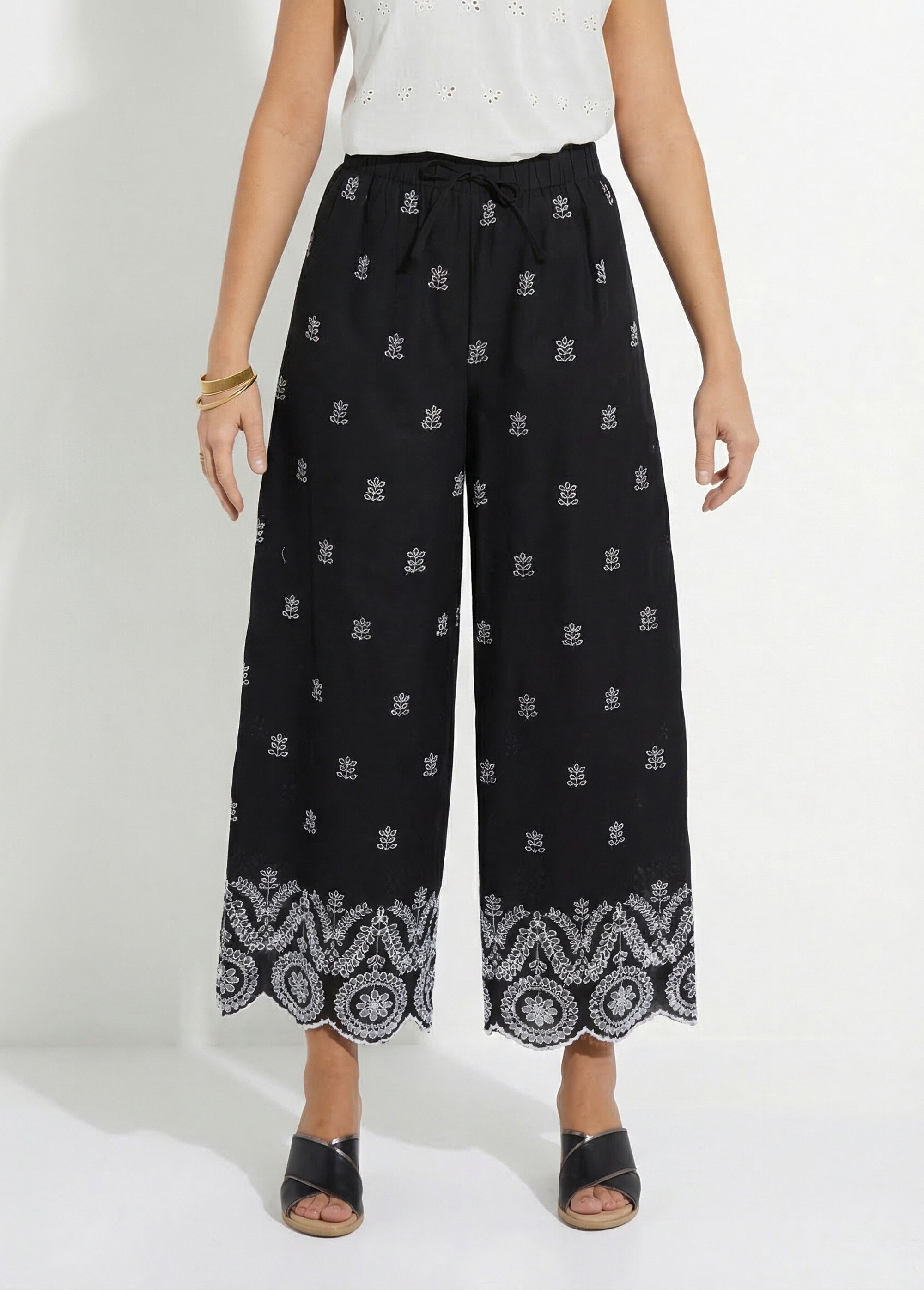 Pantalon large coton brodé taille élastiquée Femme Noir NUVANE FA1