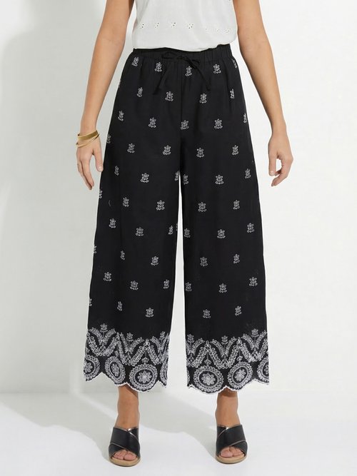 Pantalon large coton brodé taille élastiquée Femme Noir NUVANE FA1