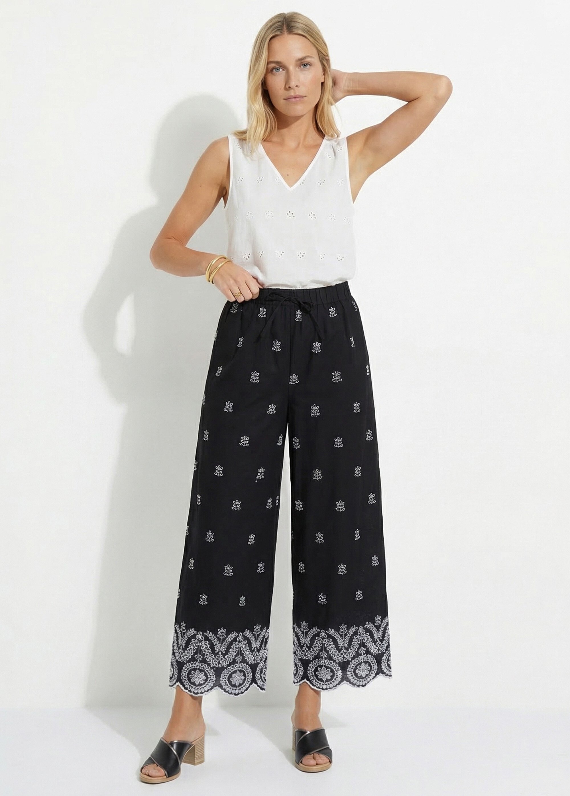 Pantalon large coton brodé taille élastiquée Femme Noir NUVANE MV1