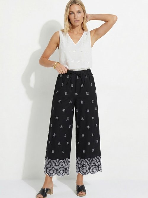 Pantalon large coton brodé taille élastiquée Femme Noir NUVANE MV1