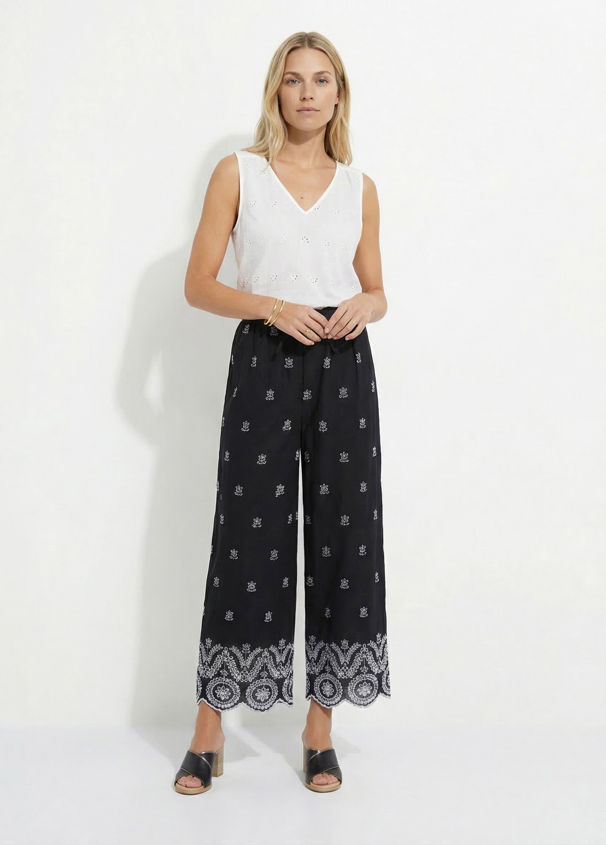 Pantalon large coton brodé taille élastiquée Femme Noir NUVANE SF1