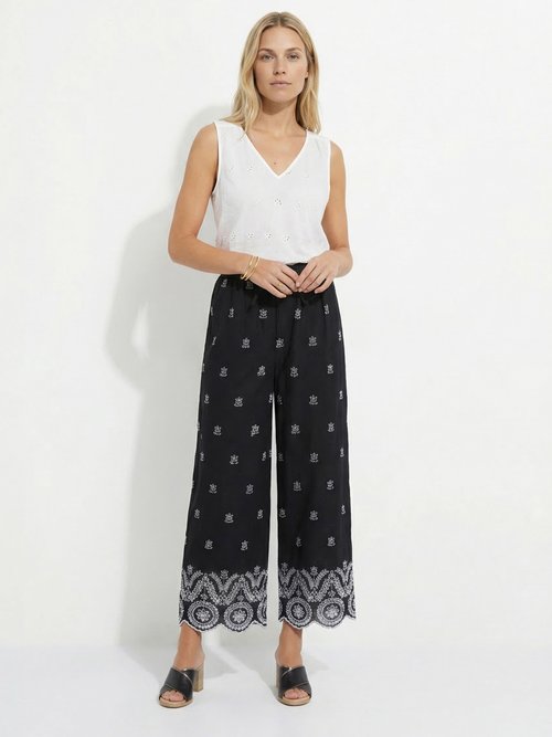 Pantalon large coton brodé taille élastiquée Femme Noir NUVANE SF1