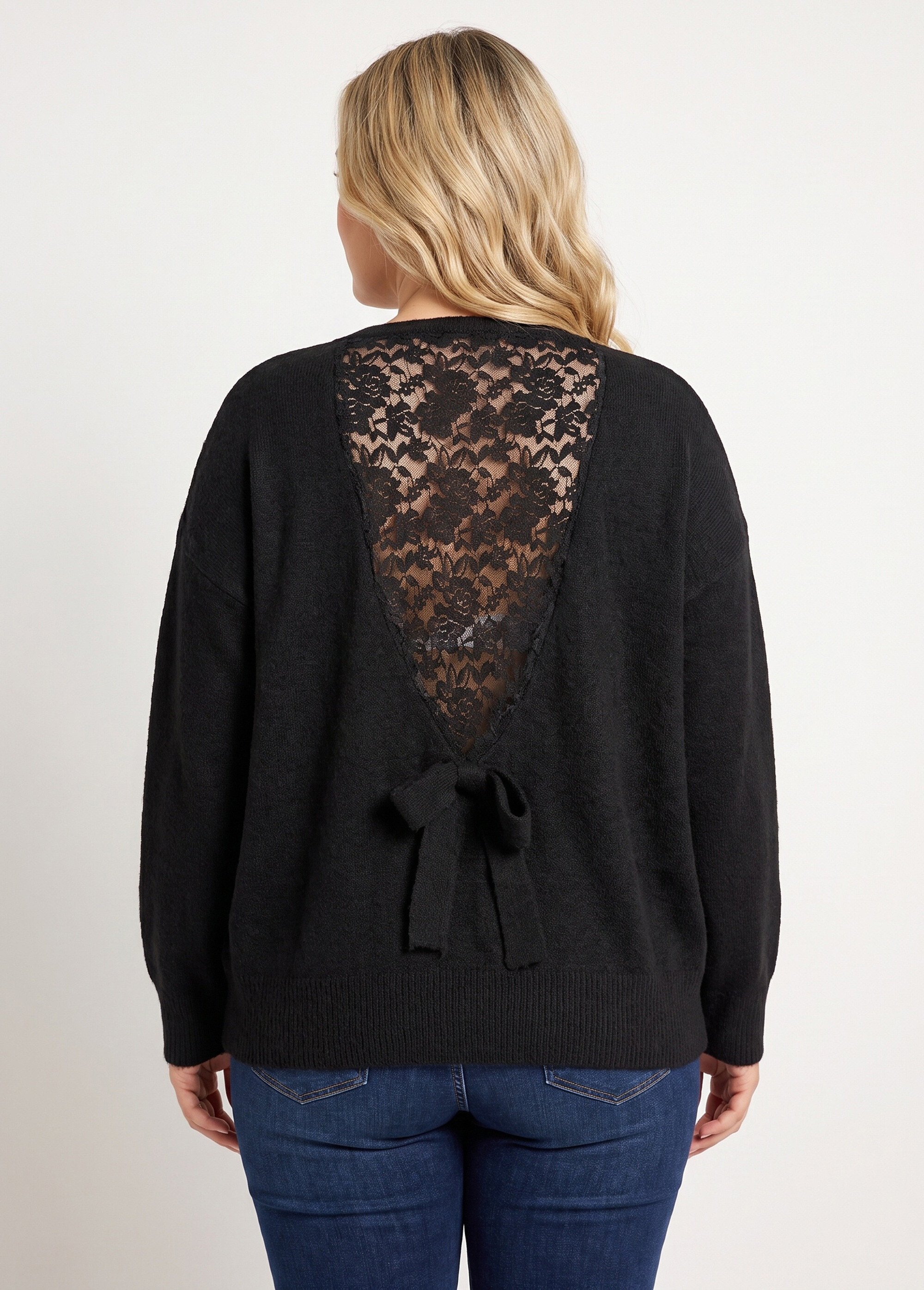 Pull avec laine et dos en dentelle Femme Grande Taille Noir MA-58985D DO1