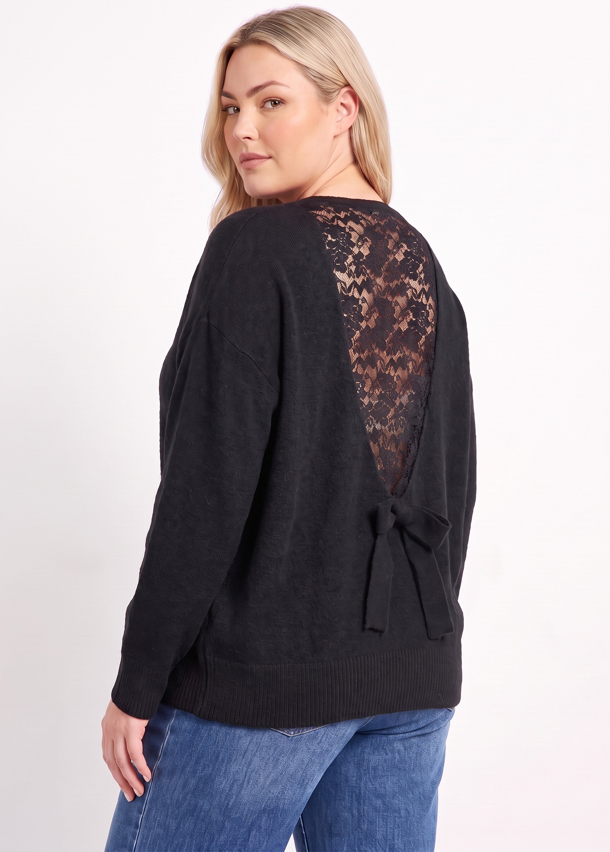 Pull avec laine et dos en dentelle Femme Grande Taille Noir MA-58985D MV1
