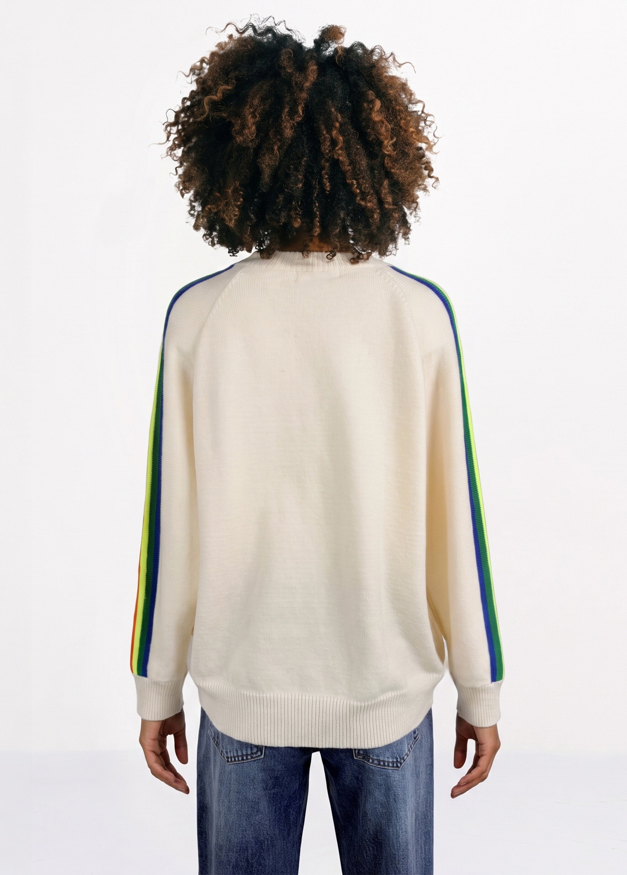 Pull col V manches lignes multicolores Femme Beige MA-601119 DO1