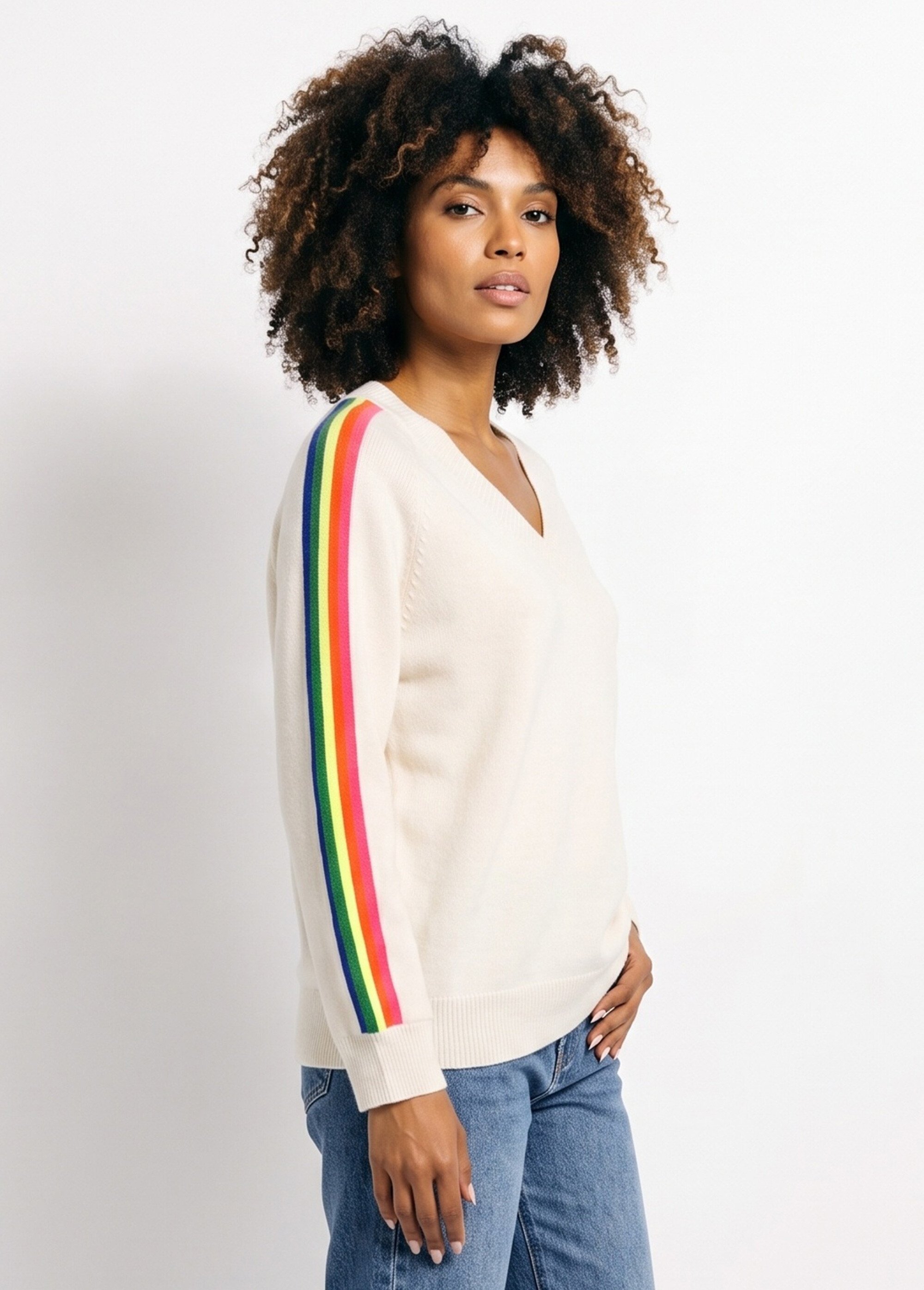 Pull col V manches lignes multicolores Femme Beige MA-601119 DR1