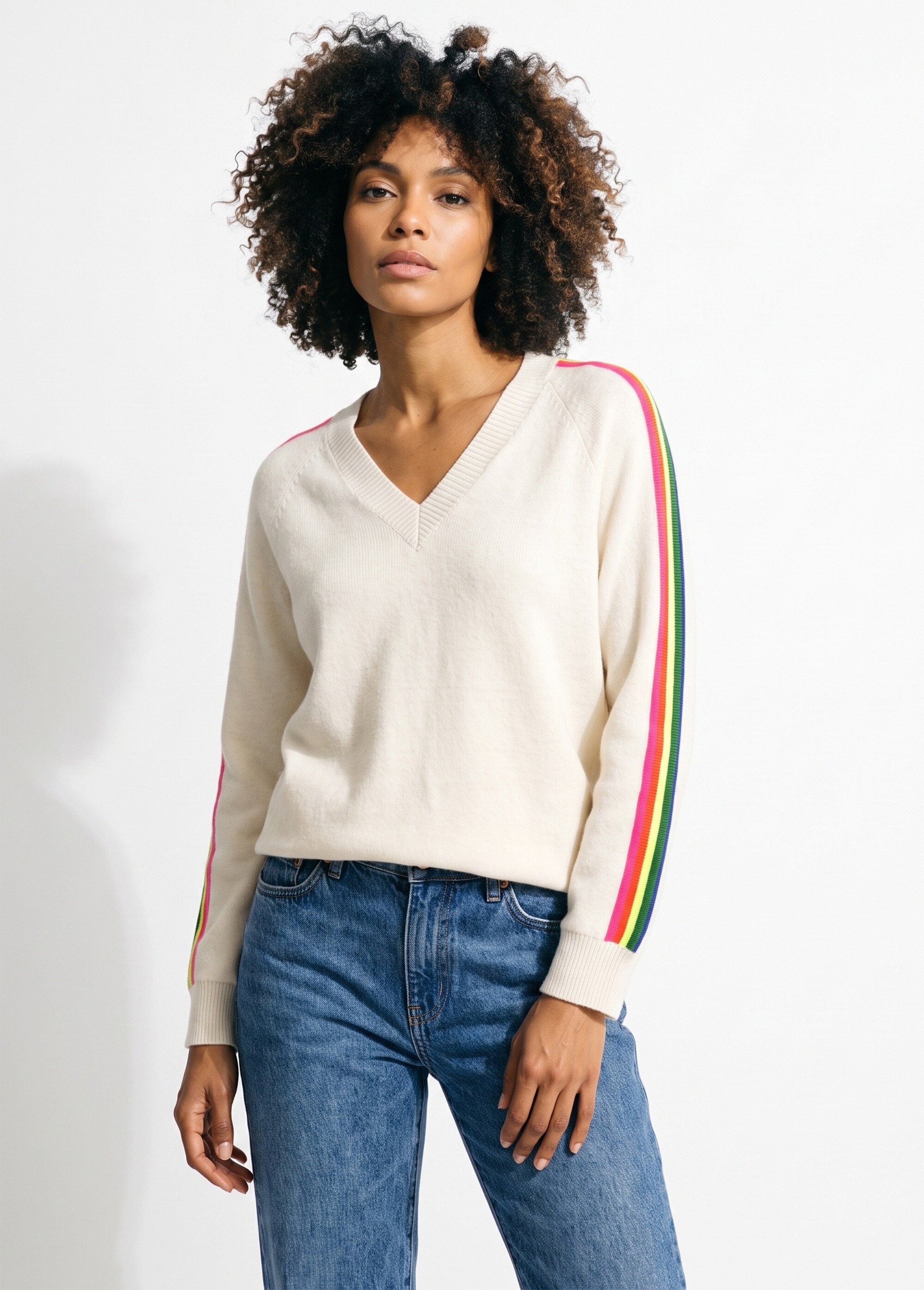 Pull col V manches lignes multicolores Femme Beige MA-601119 FA1