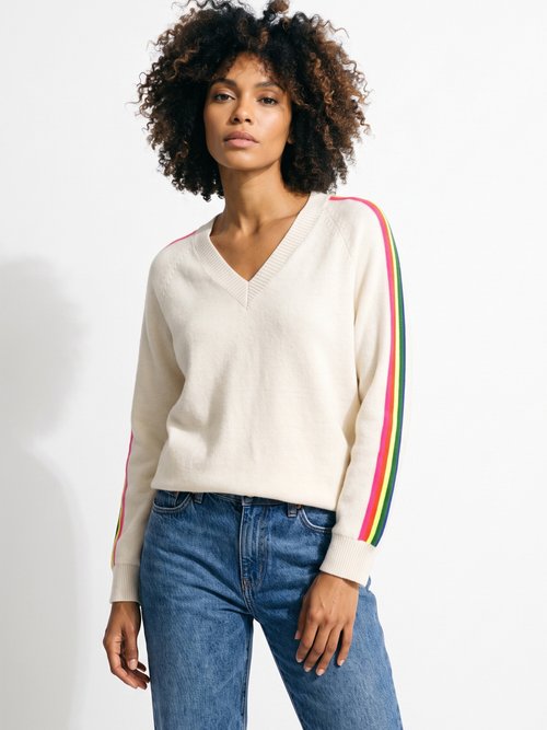 Pull col V manches lignes multicolores Femme Beige MA-601119 FA1