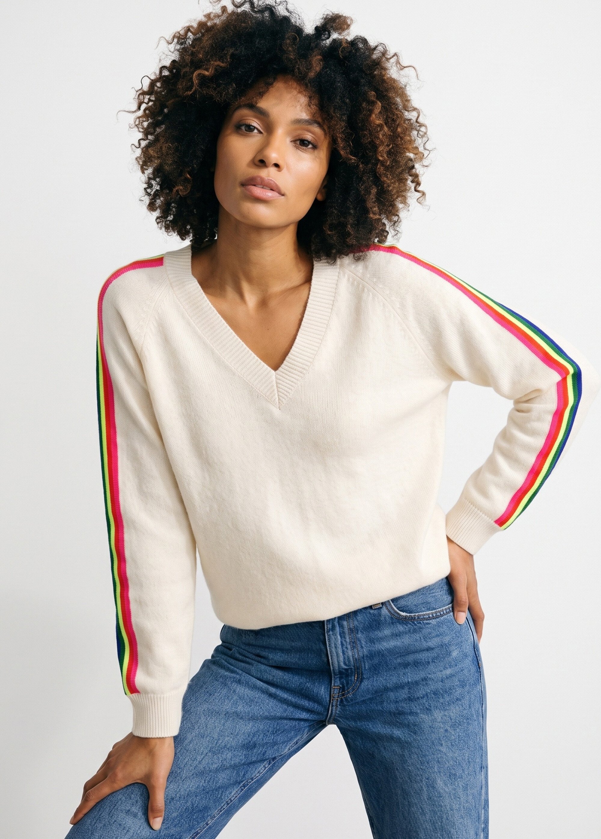 Pull col V manches lignes multicolores Femme Beige MA-601119 MV1