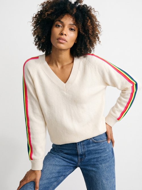 Pull col V manches lignes multicolores Femme Beige MA-601119 MV1