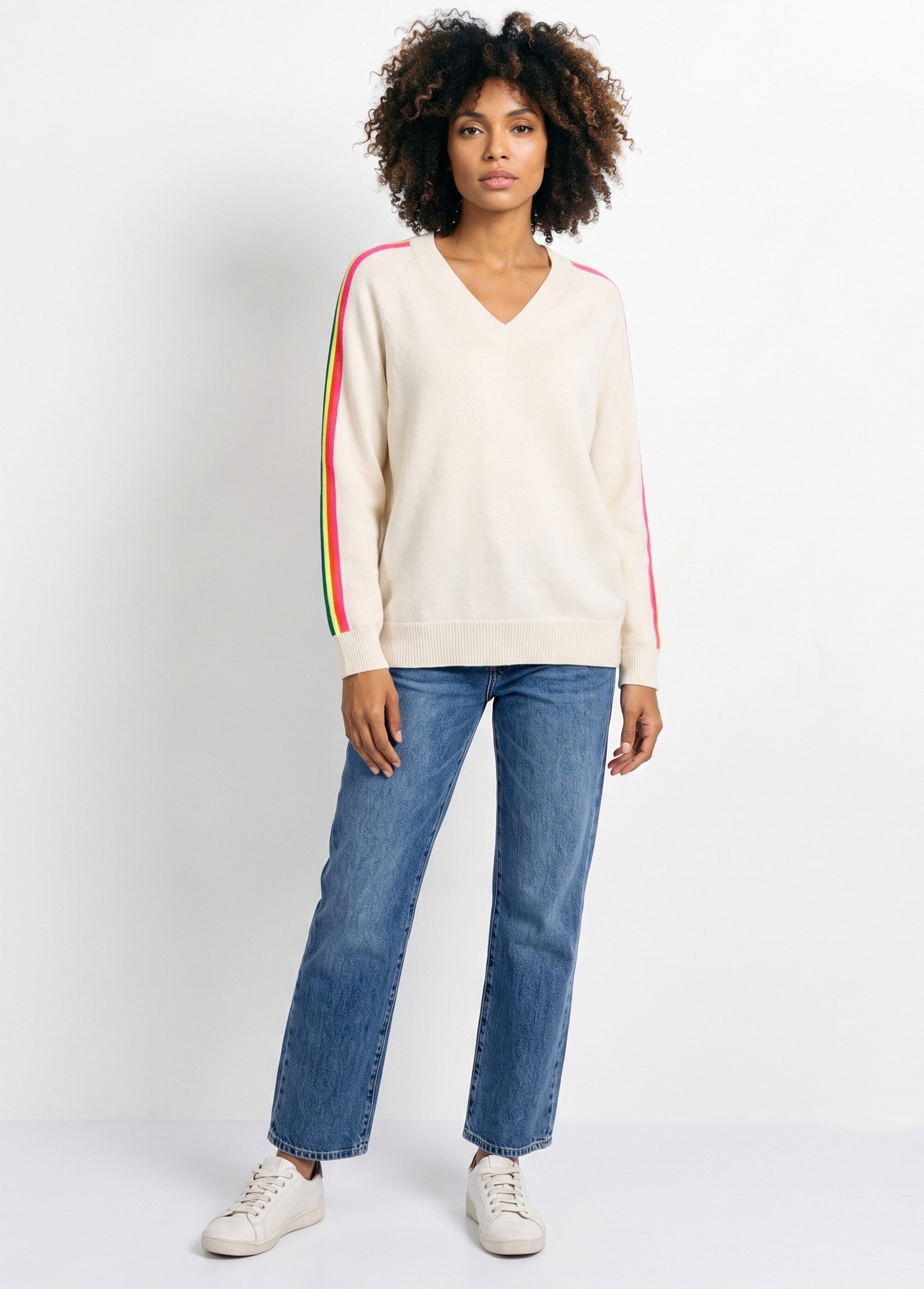 Pull col V manches lignes multicolores Femme Beige MA-601119 SI1