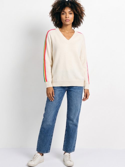 Pull col V manches lignes multicolores Femme Beige MA-601119 SI1