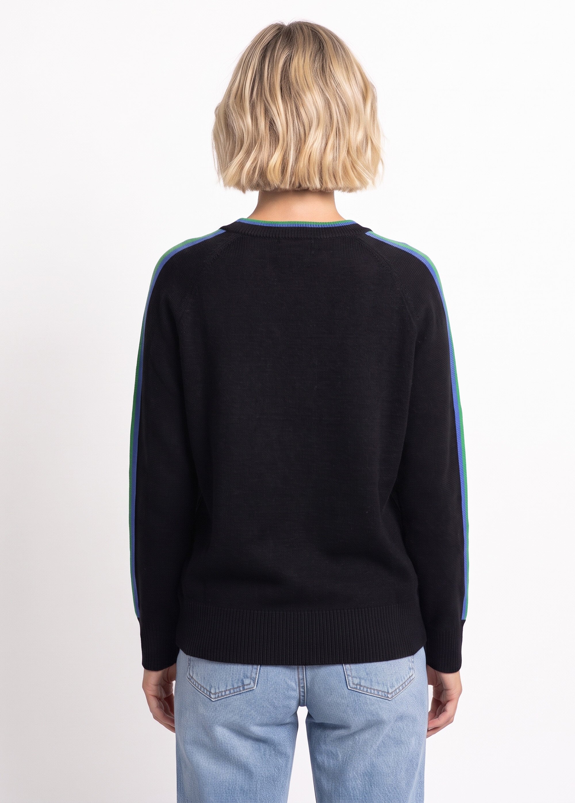 Pull col V manches lignes multicolores Femme Noir MA-601119 DO1