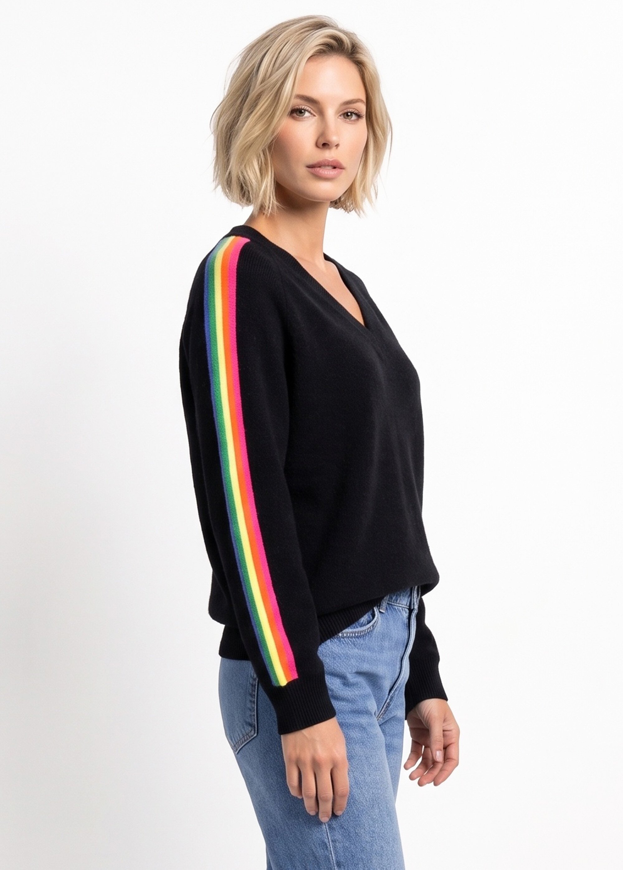 Pull col V manches lignes multicolores Femme Noir MA-601119 DR1