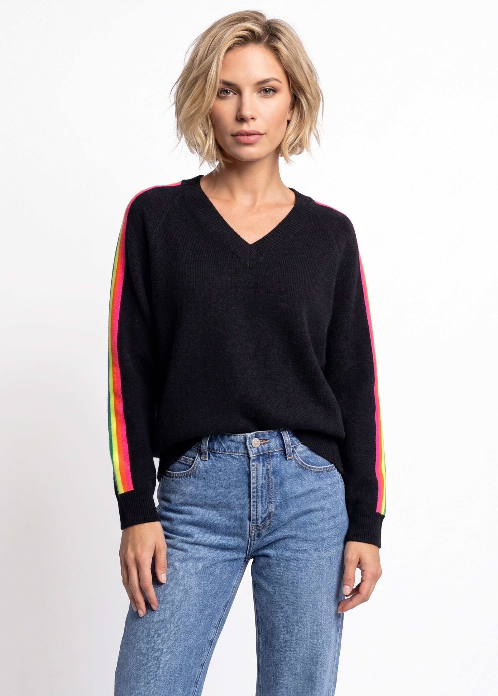 Pull col V manches lignes multicolores Femme Noir MA-601119 FA1