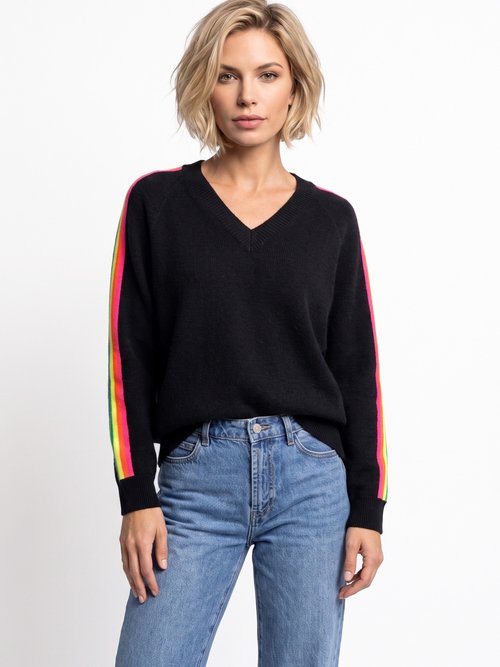 Pull col V manches lignes multicolores Femme Noir MA-601119 FA1