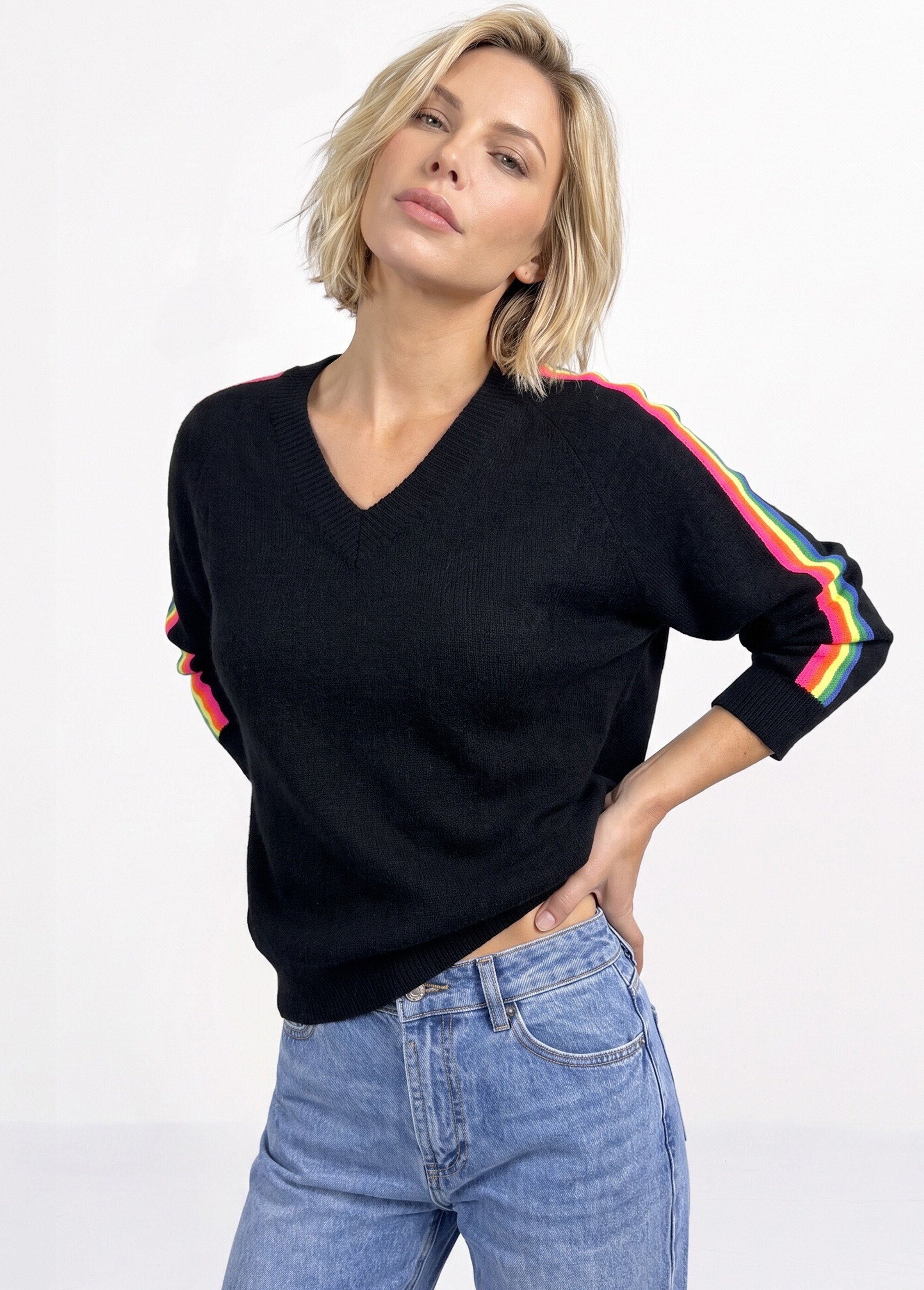 Pull col V manches lignes multicolores Femme Noir MA-601119 MV1