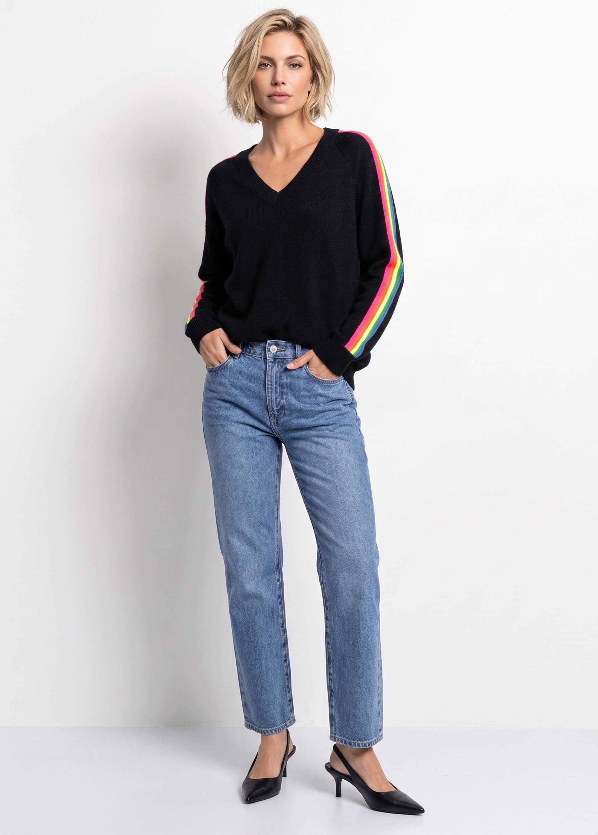 Pull col V manches lignes multicolores Femme Noir MA-601119 SI1