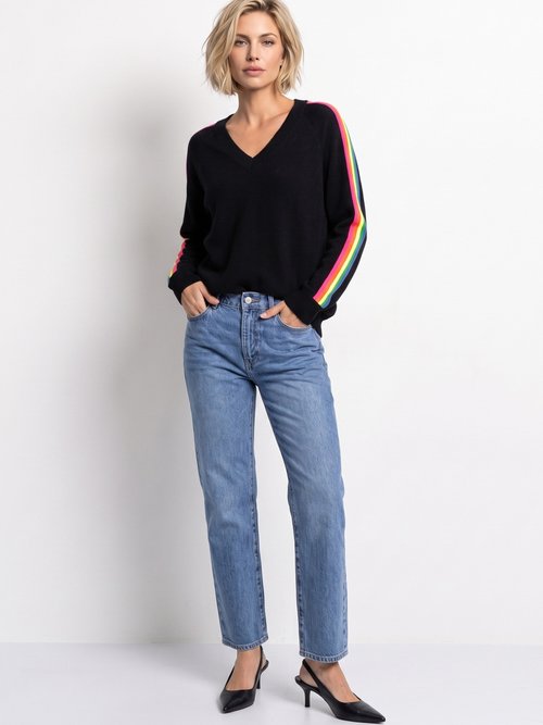 Pull col V manches lignes multicolores Femme Noir MA-601119 SI1