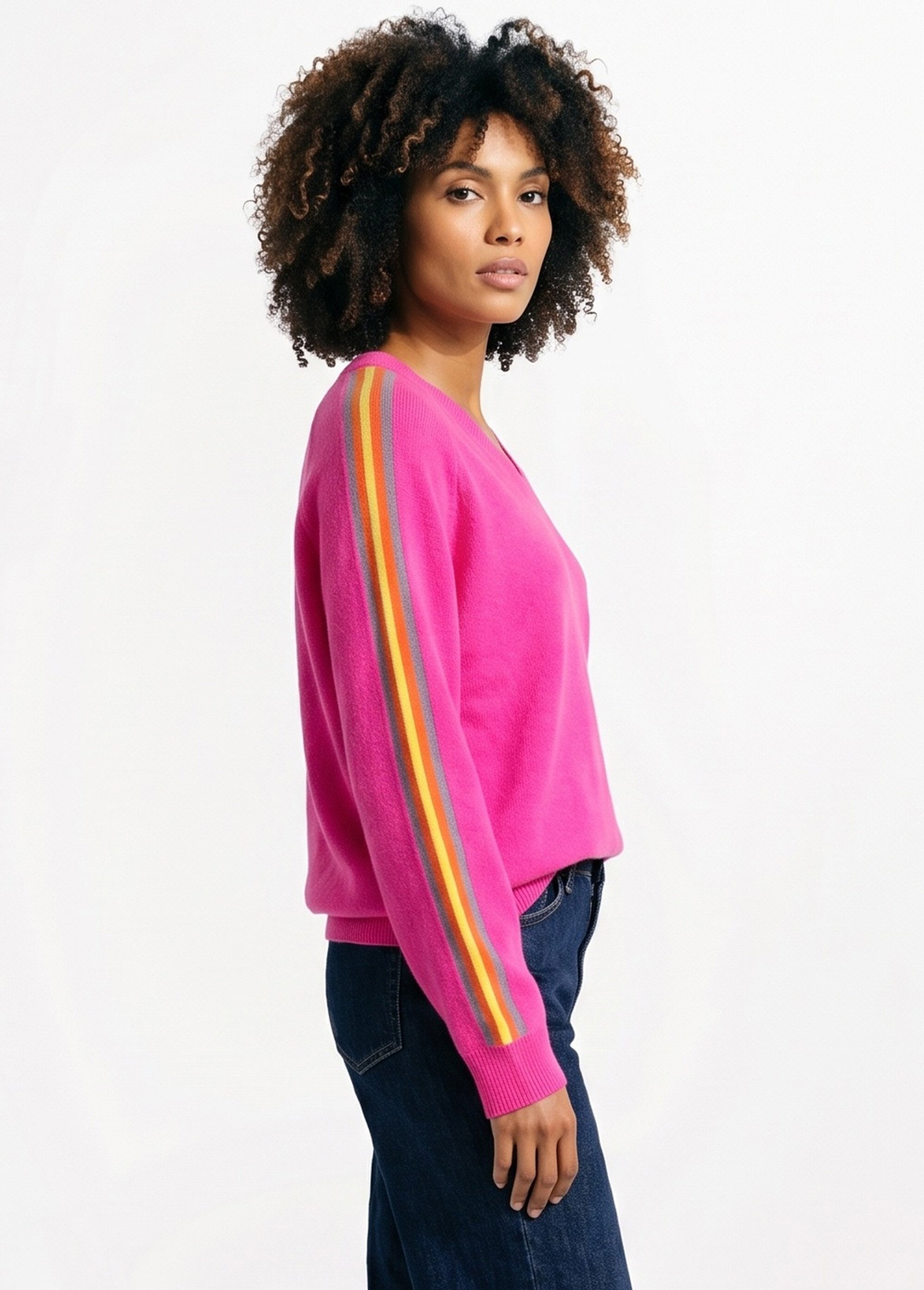 Pull col V manches lignes multicolores Femme Rose MA-601119 DR1