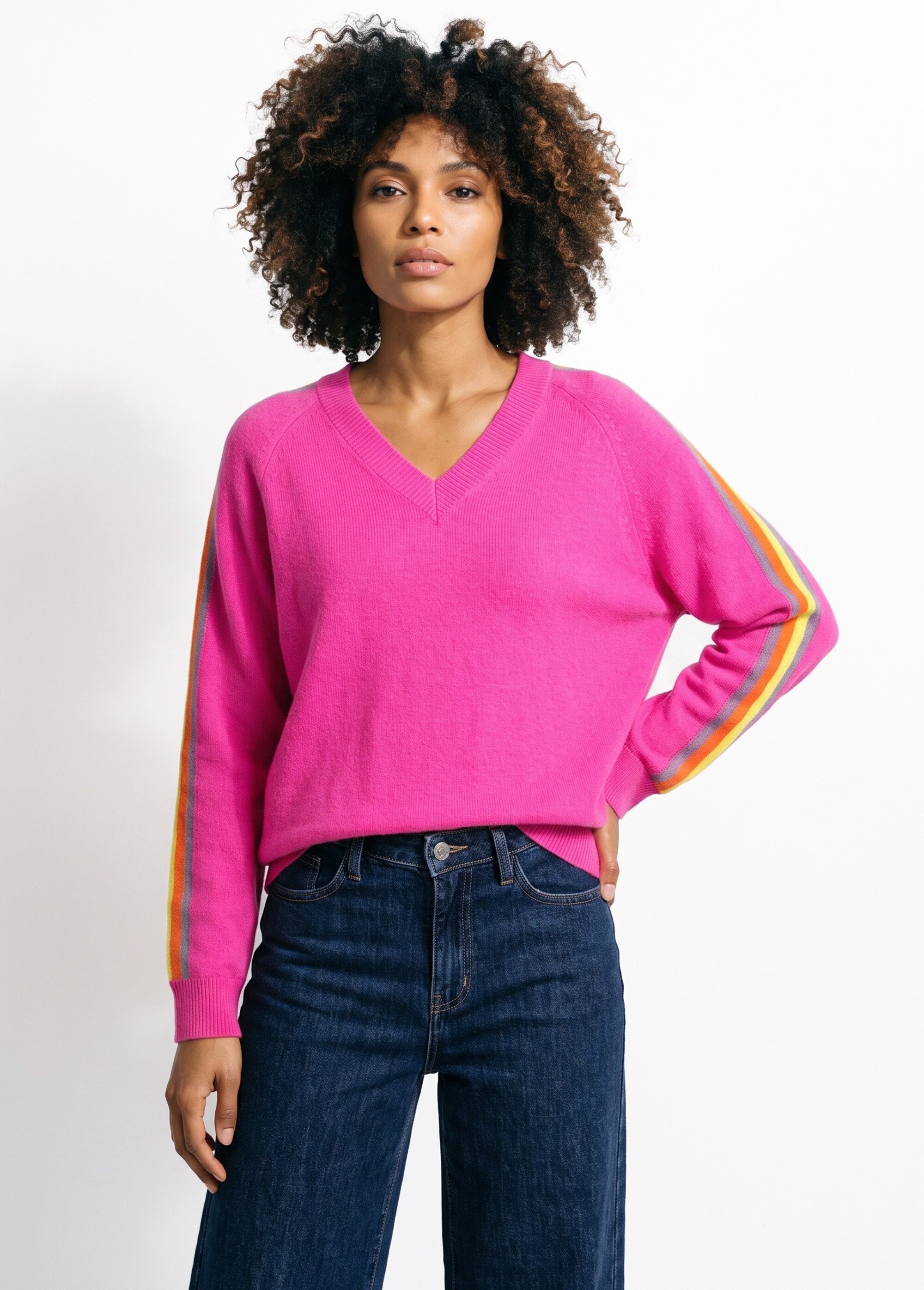 Pull col V manches lignes multicolores Femme Rose MA-601119 FA1