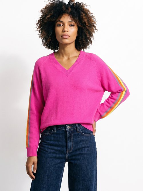 Pull col V manches lignes multicolores Femme Rose MA-601119 FA1