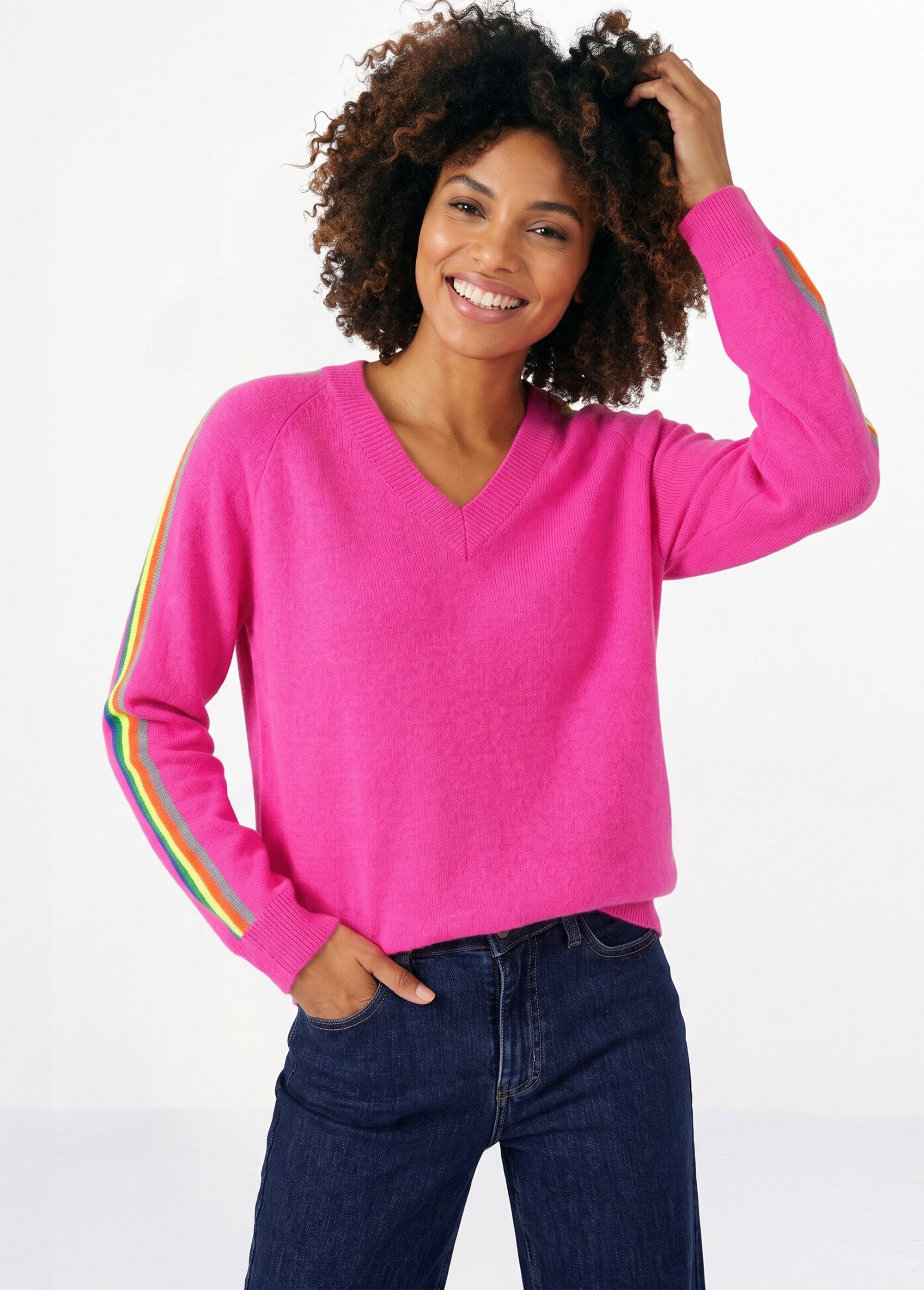 Pull col V manches lignes multicolores Femme Rose MA-601119 MV1