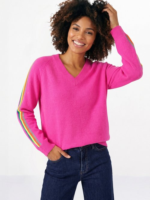 Pull col V manches lignes multicolores Femme Rose MA-601119 MV1