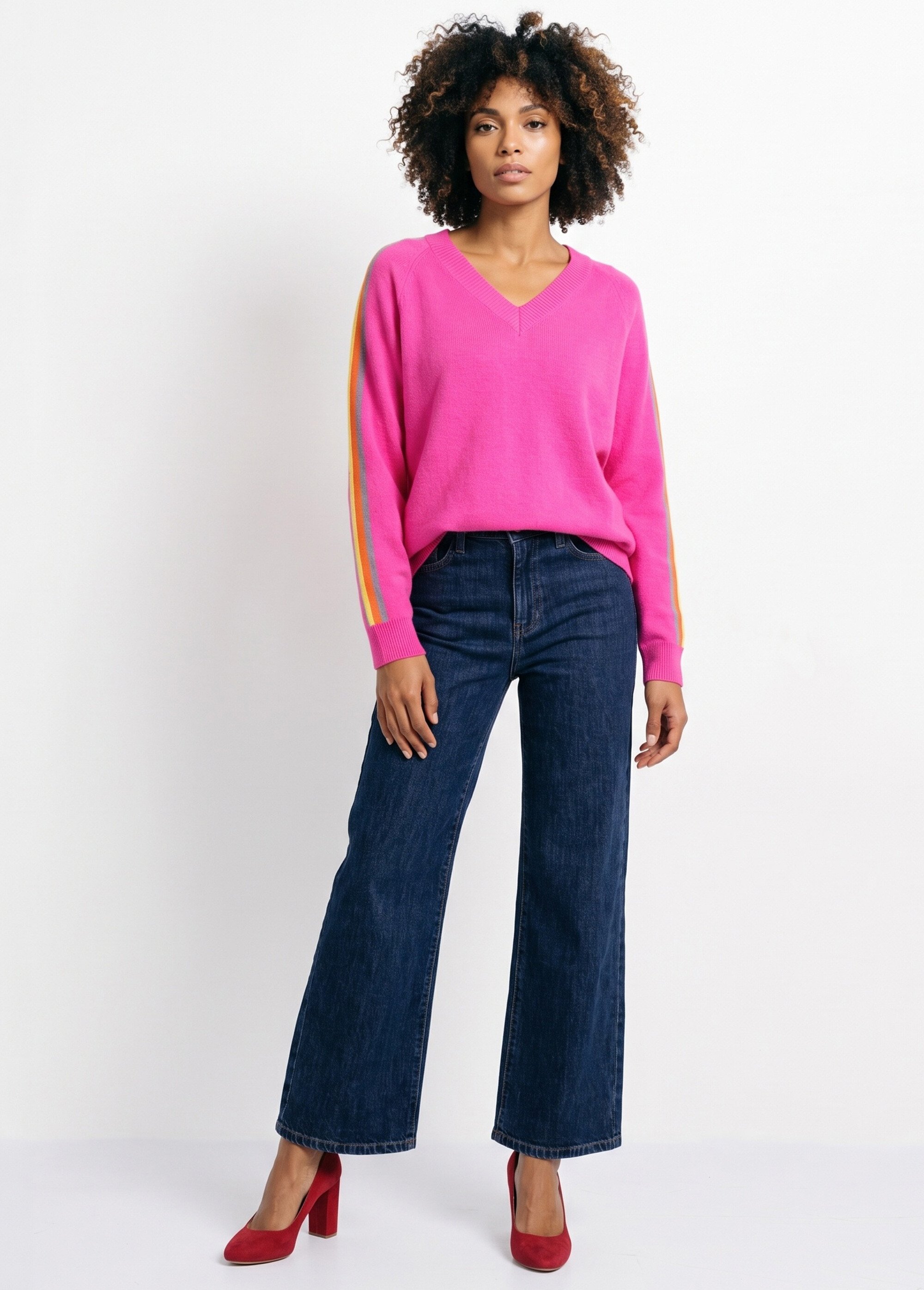 Pull col V manches lignes multicolores Femme Rose MA-601119 SI1