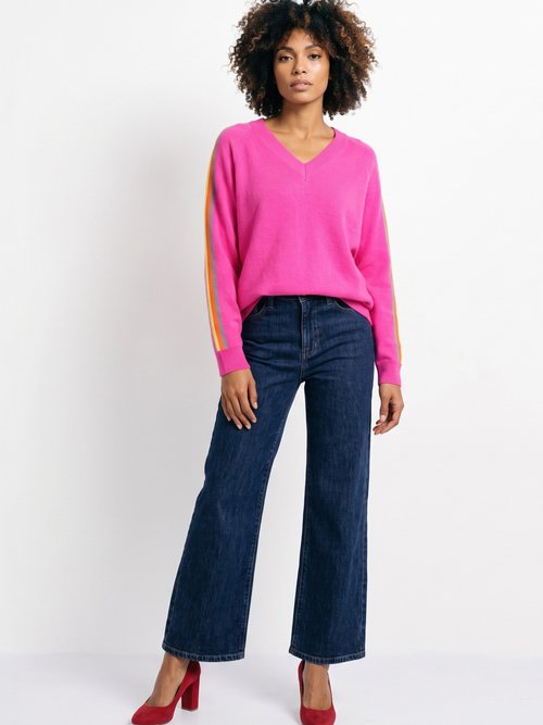 Pull col V manches lignes multicolores Femme Rose MA-601119 SI1
