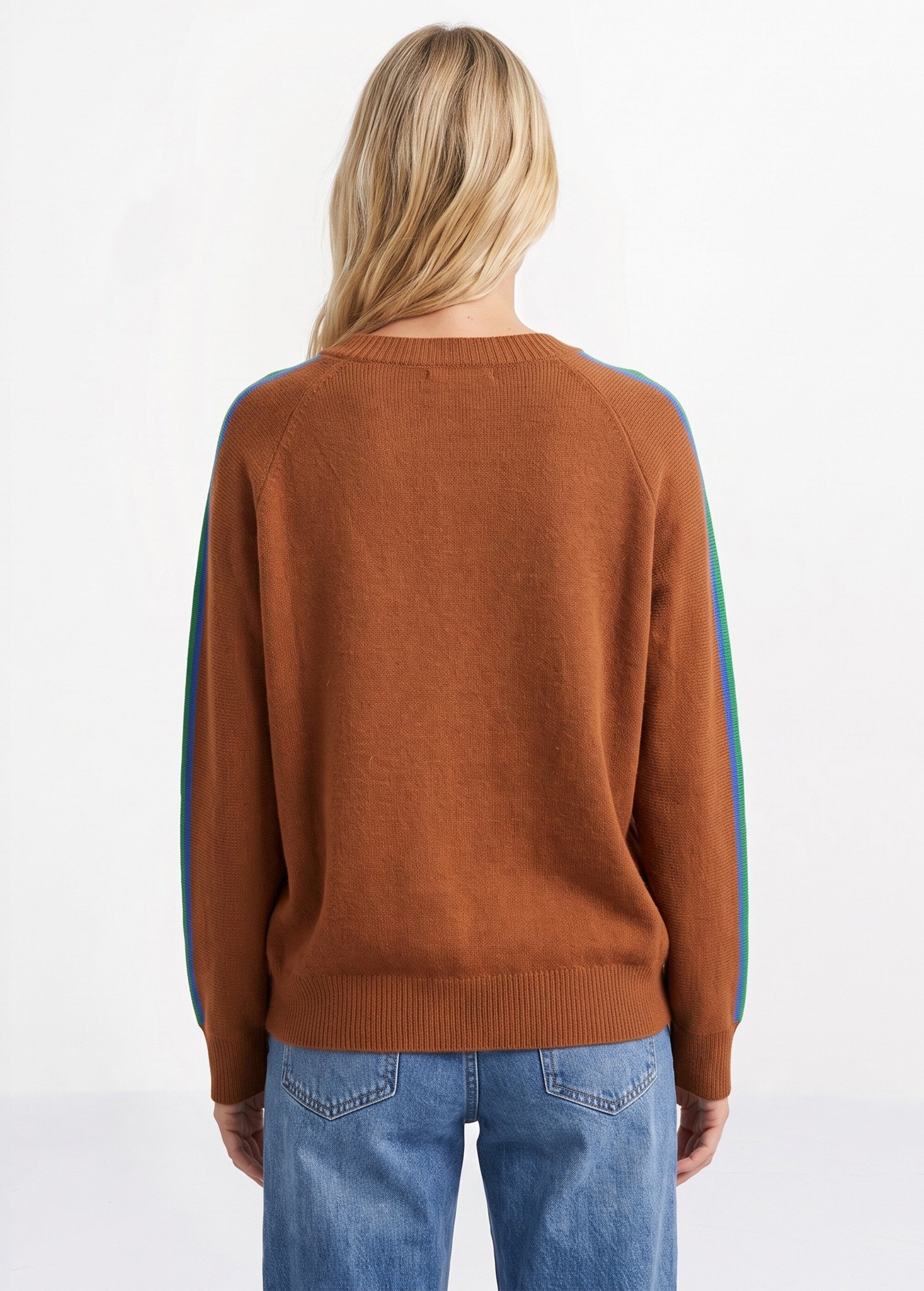 Pull col V manches lignes multicolores Femme Marron MA-601119 DO1
