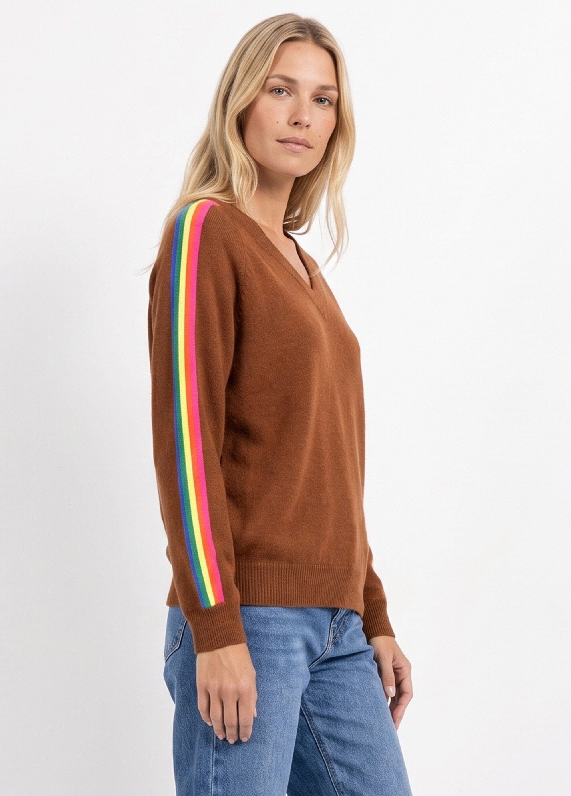 Pull col V manches lignes multicolores Femme Marron MA-601119 DR1