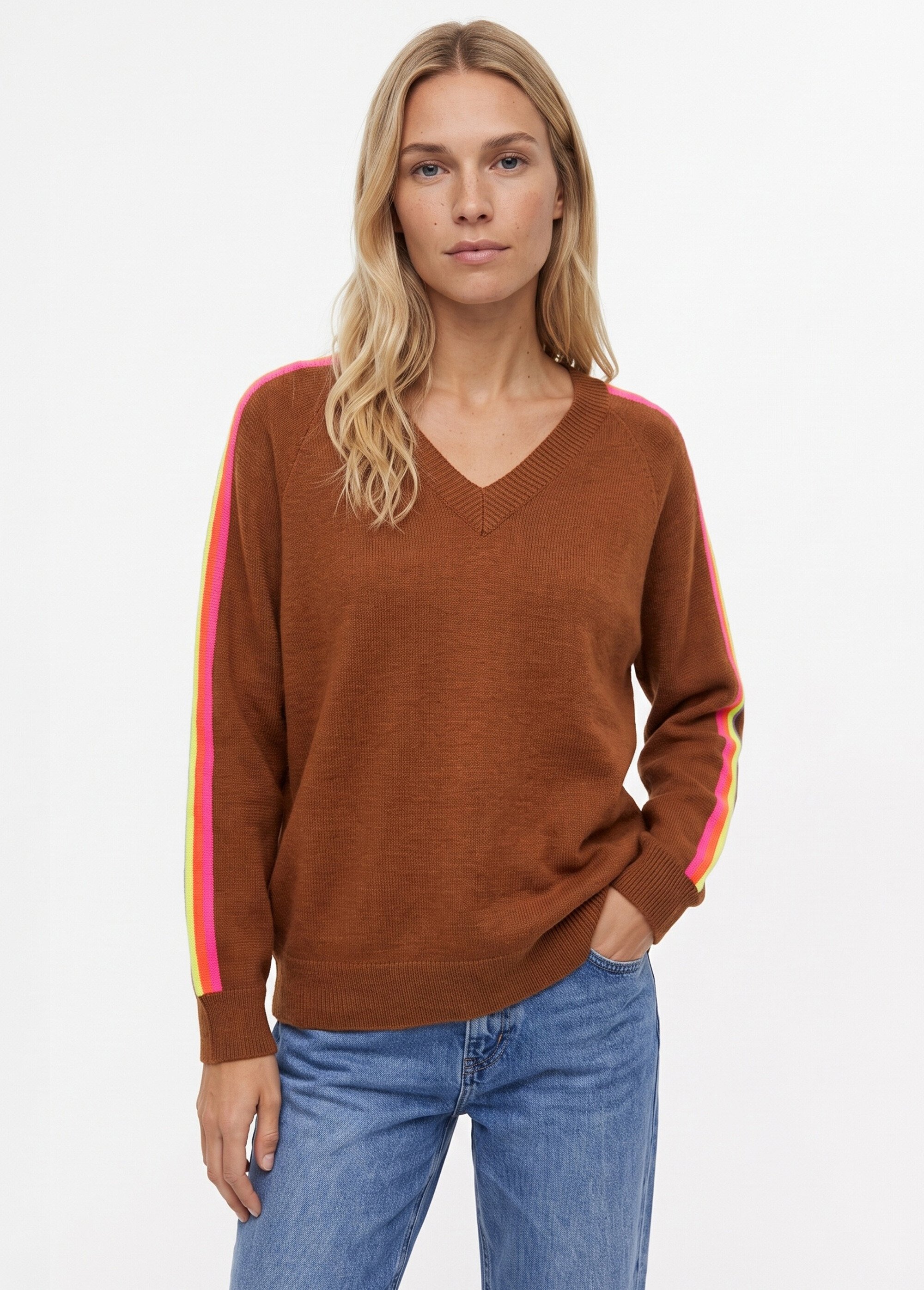 Pull col V manches lignes multicolores Femme Marron MA-601119 FA1