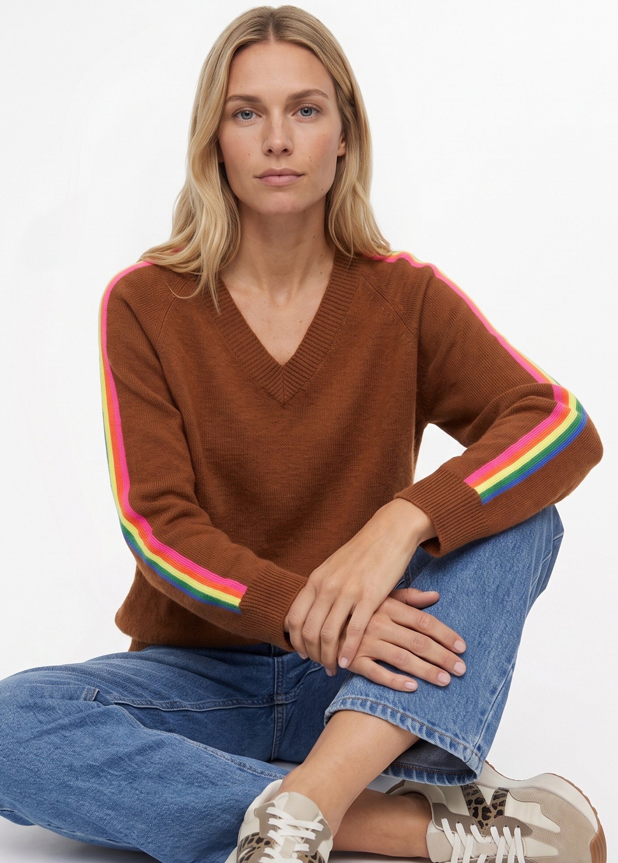 Pull col V manches lignes multicolores Femme Marron MA-601119 MV1