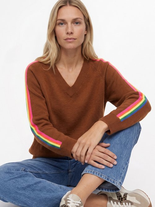 Pull col V manches lignes multicolores Femme Marron MA-601119 MV1