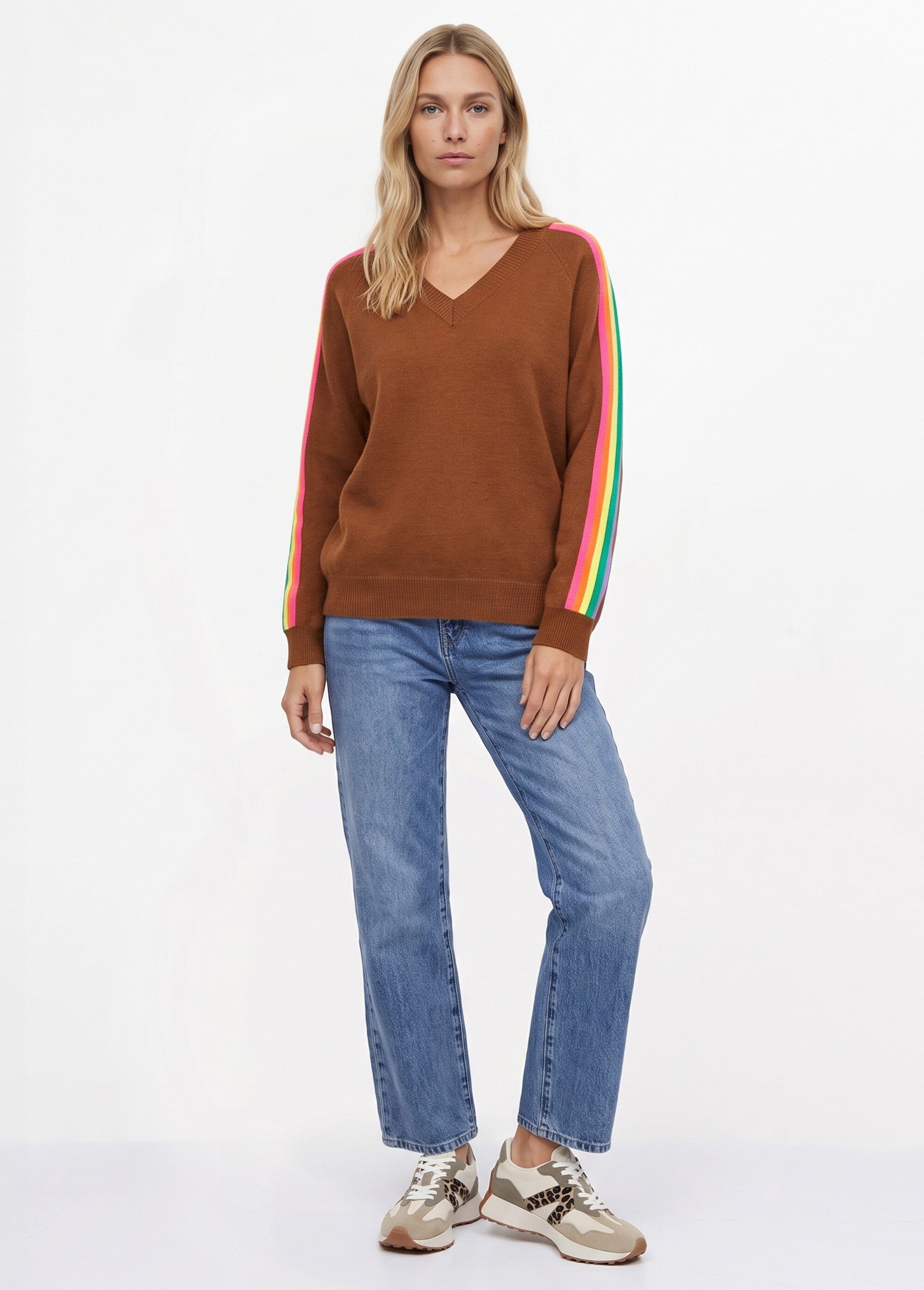 Pull col V manches lignes multicolores Femme Marron MA-601119 SI1