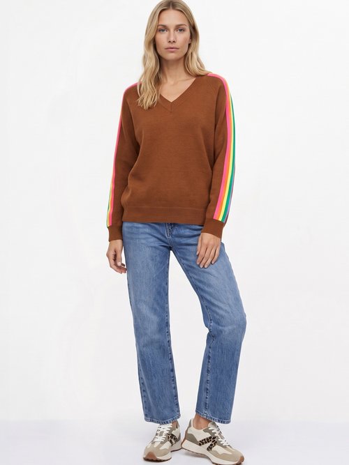 Pull col V manches lignes multicolores Femme Marron MA-601119 SI1