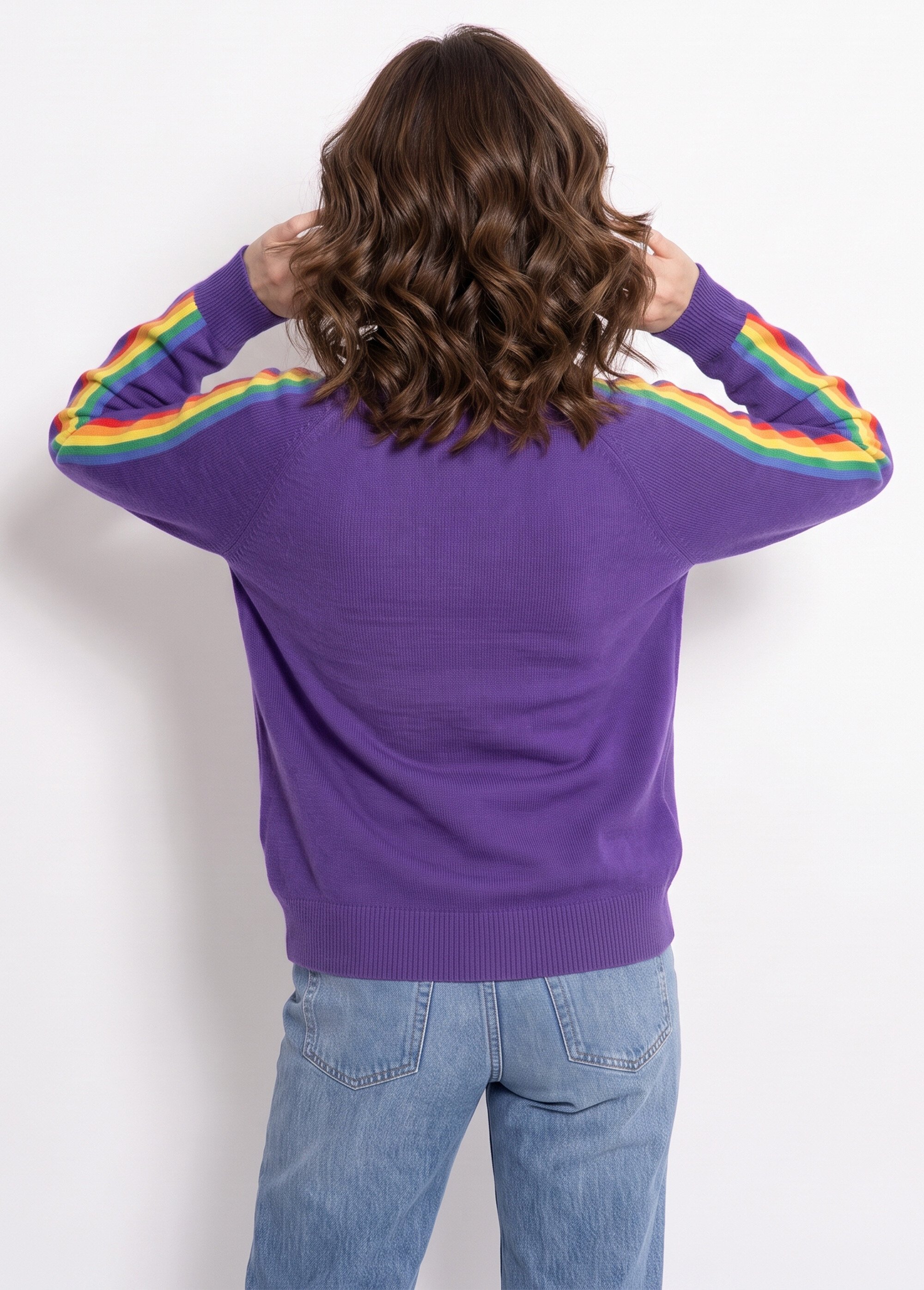 Pull col V manches lignes multicolores Femme Violet MA-601119 DO1