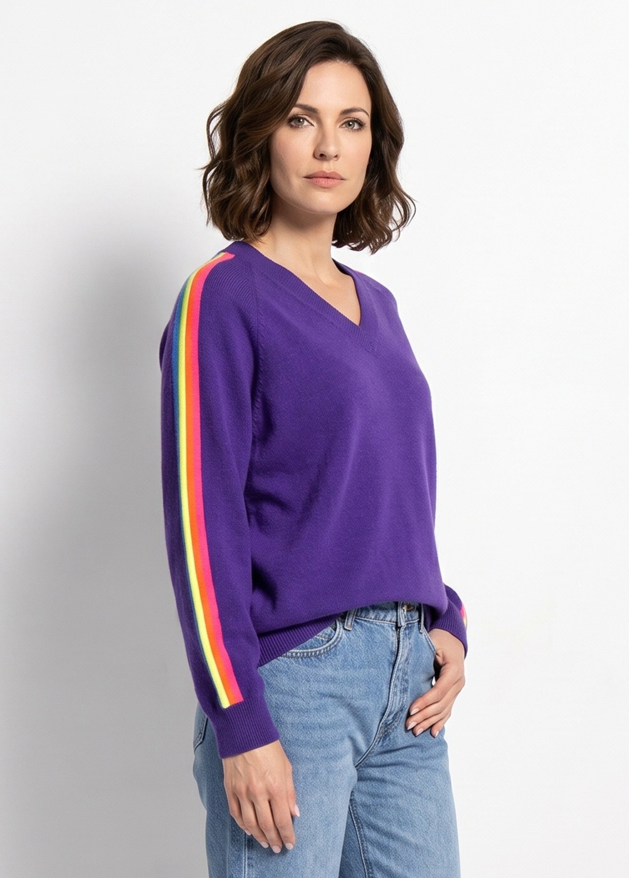 Pull col V manches lignes multicolores Femme Violet MA-601119 DR1