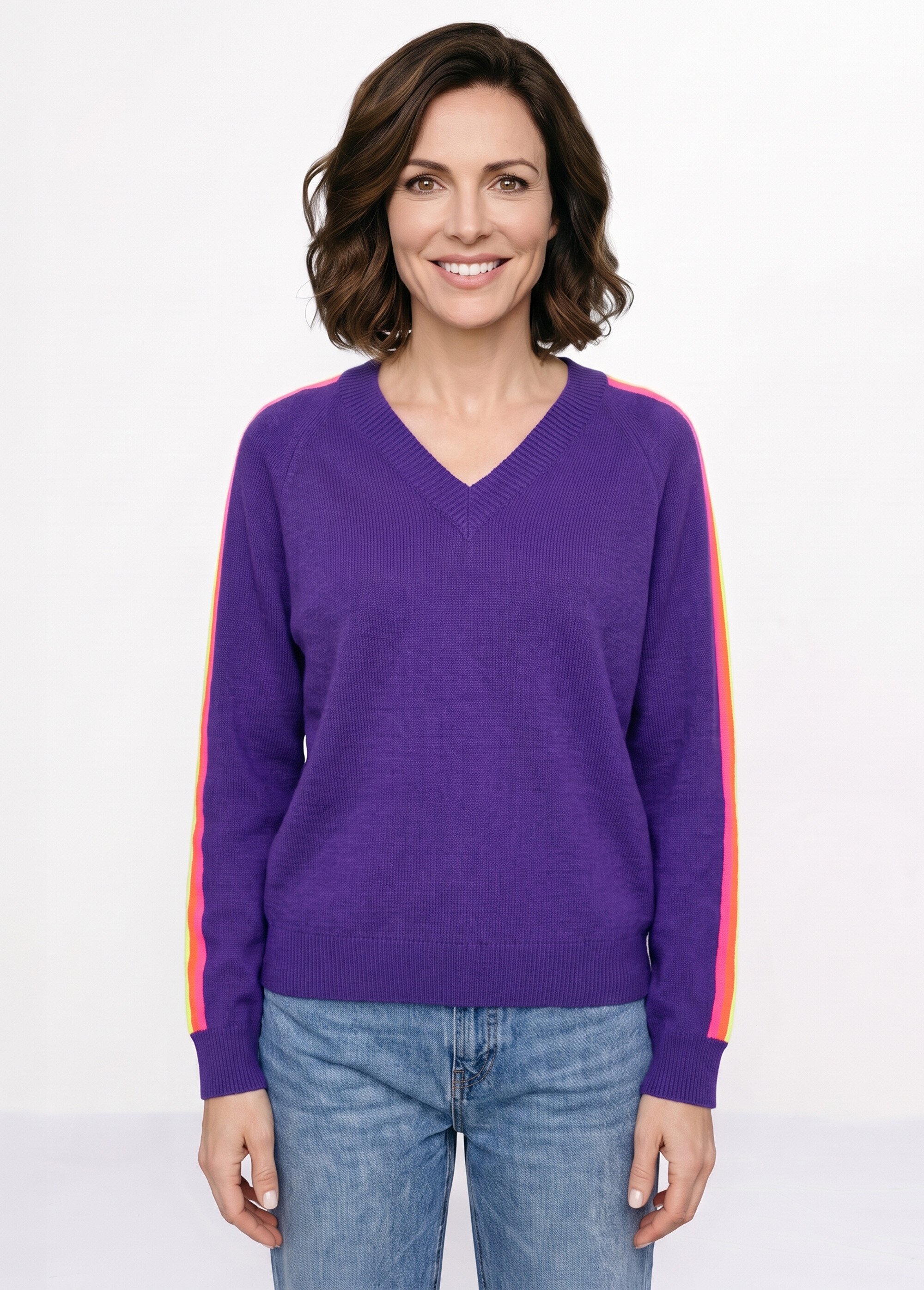 Pull col V manches lignes multicolores Femme Violet MA-601119 FA1